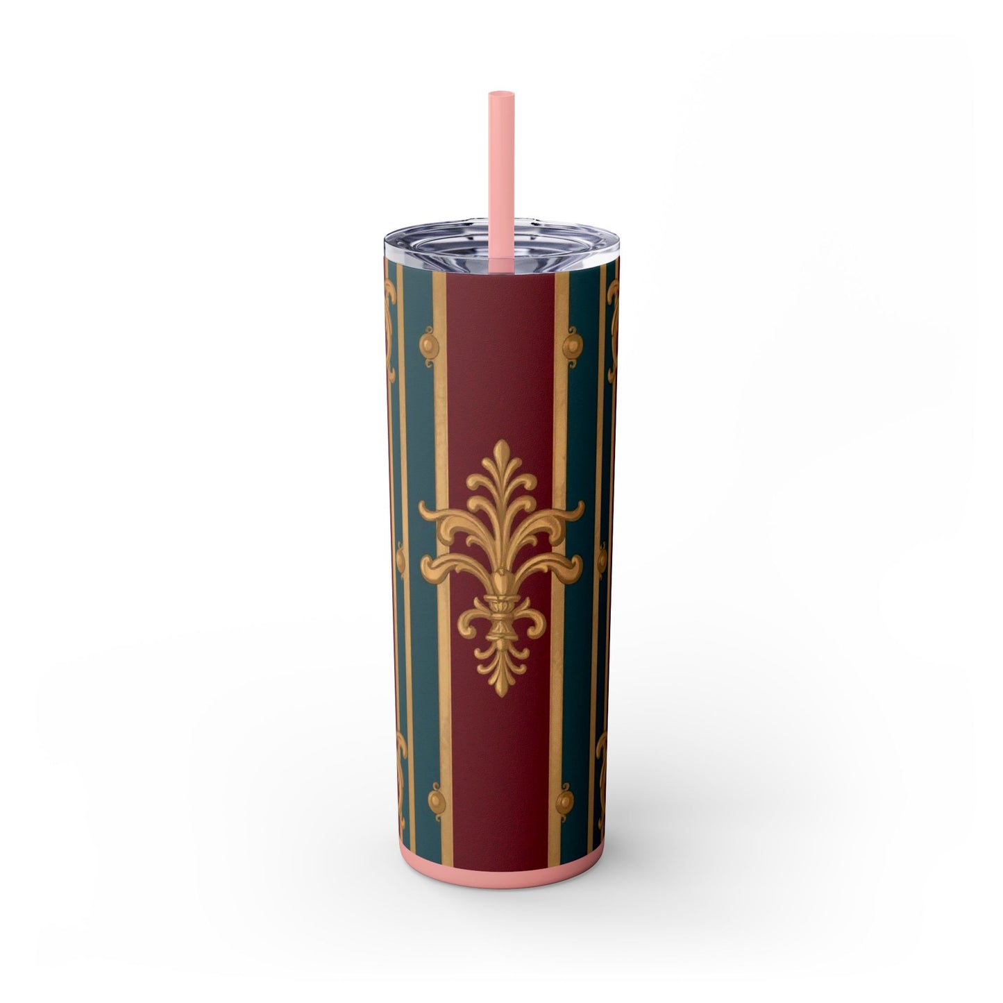 Elegant Vintage Skinny Tumbler with Straw, 20oz | Gold & Burgundy Design | Travel Mug, Gift for Her - Burgundy Striped Gold Baroque