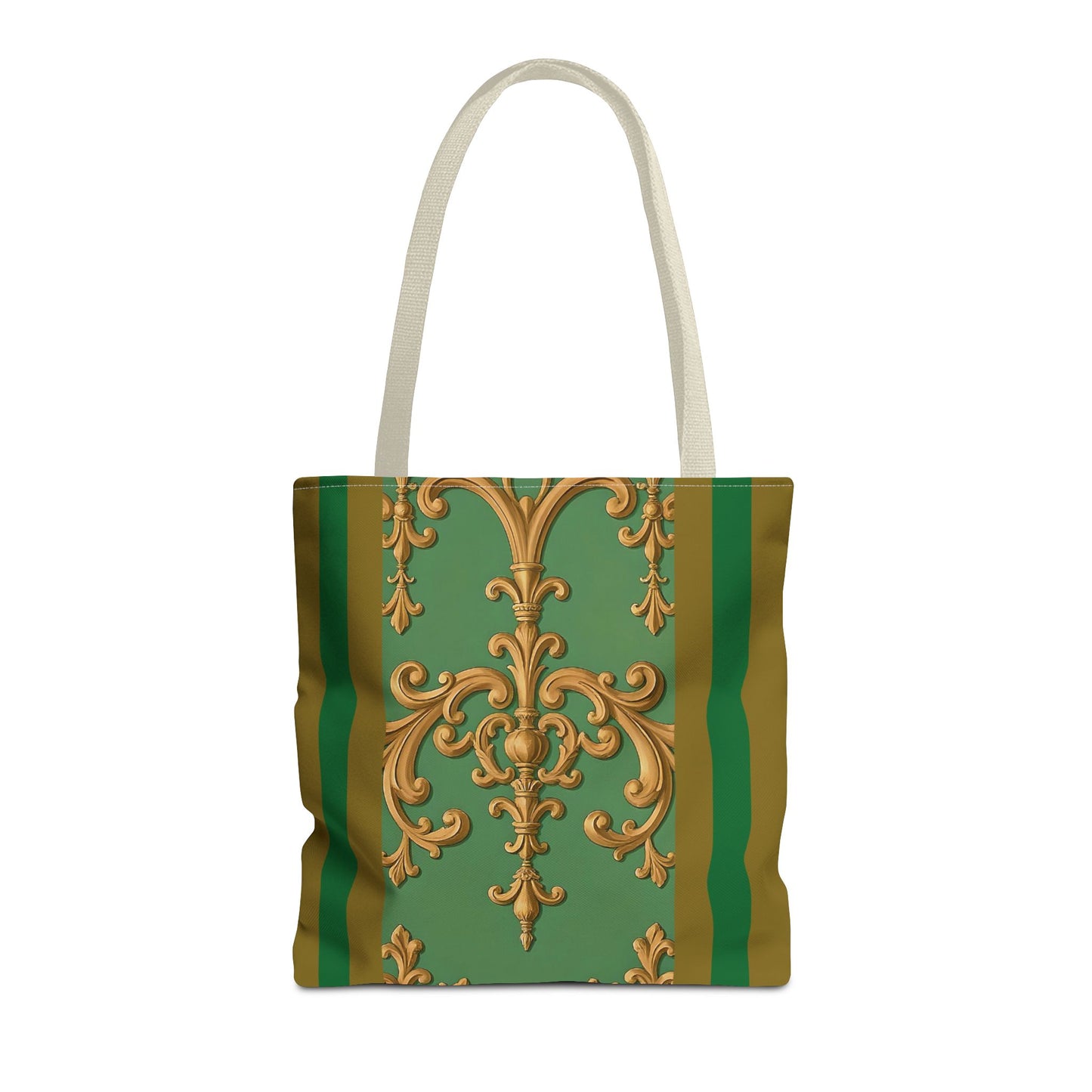 Ornate Floral Tote Bag, Chic Shopping Bag, Fashionable Eco Tote, Stylish Gift for Her, Versatile Everyday Use - Olive Green Striped Rococo