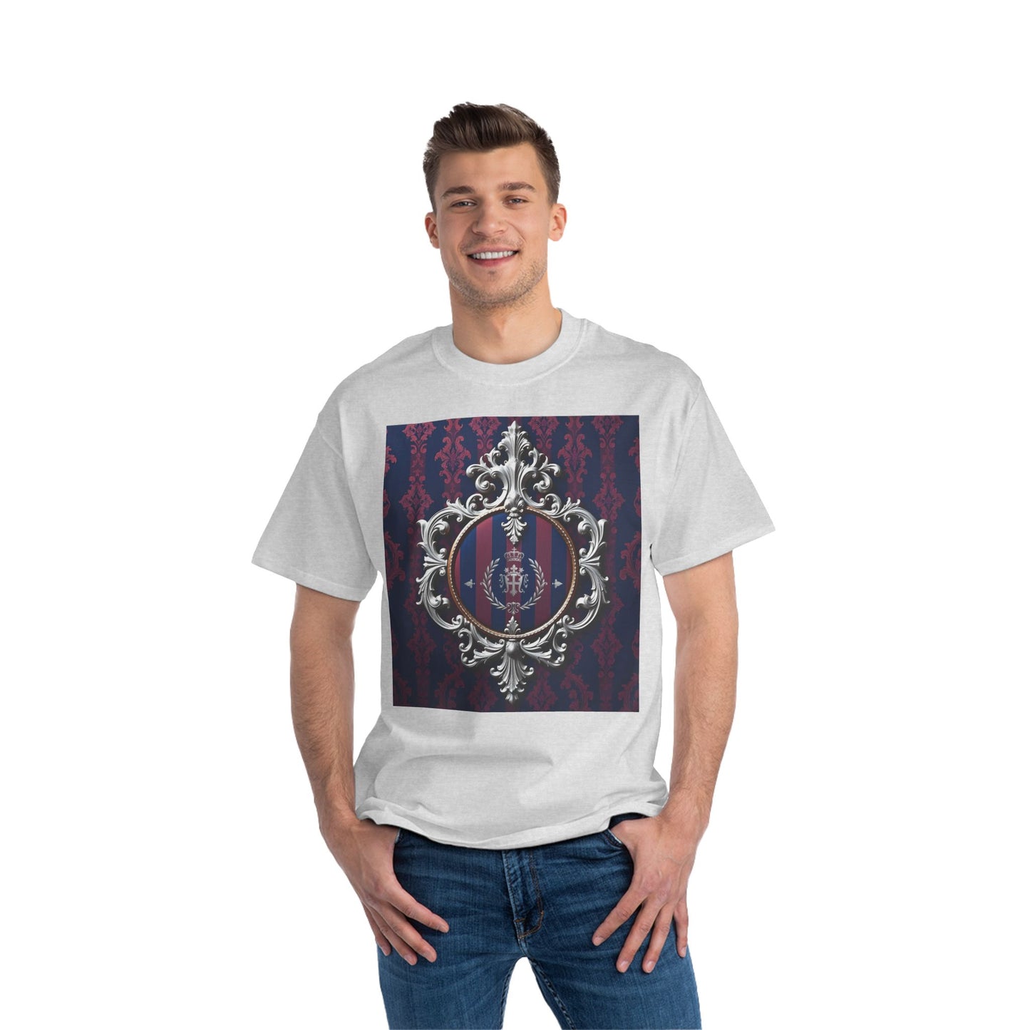 Elegant Unisex Graphic T-Shirt - Vintage Inspired, Casual Wear, Unique Gift, Art Tee, Fashion Statement - Blue & Plum Striped Silver Crest