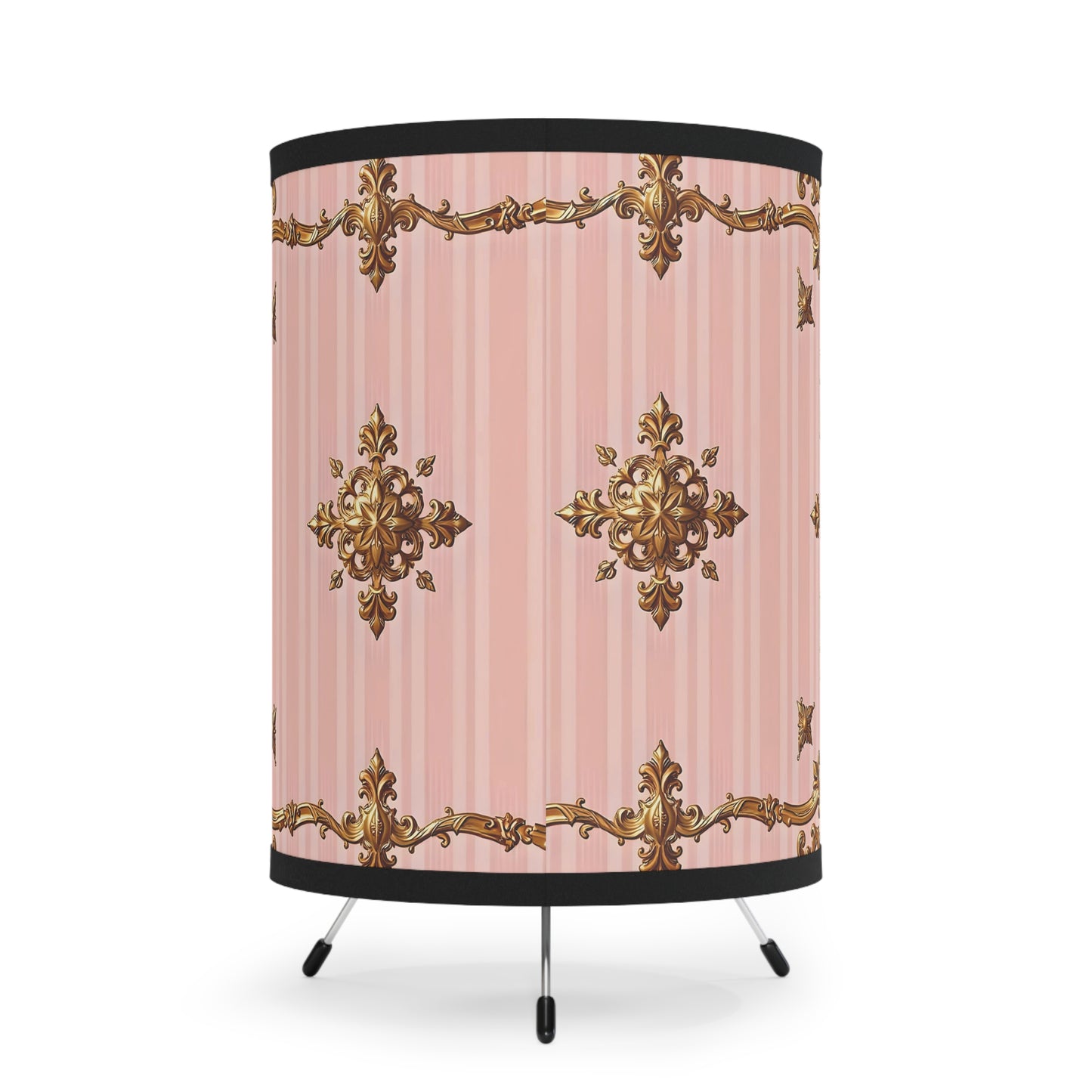 Elegant Tripod Lamp with Vintage Floral Design Shade - Pink Striped Gold Baroque