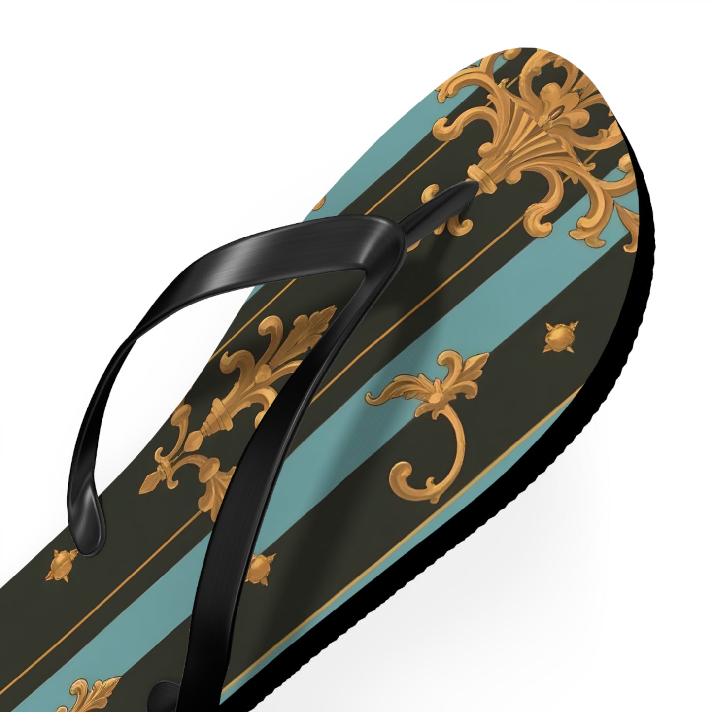 Elegant Striped Flip Flops, Stylish Beach Sandals, Summer Footwear, Vacation Essentials - Black & Turquoise Striped Baroque