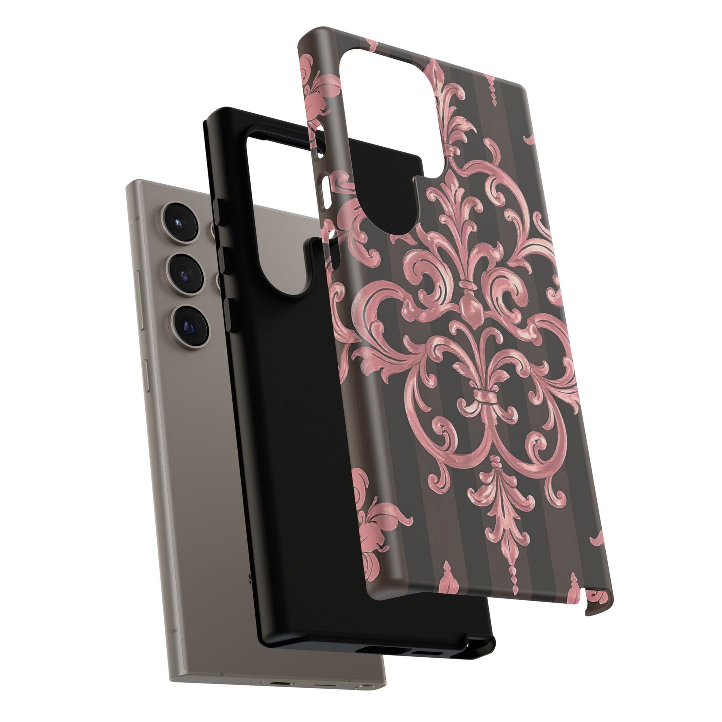 Elegant Floral Motif Phone Case - Tough Cases with Vintage Design - Brown Striped Mauve Damask