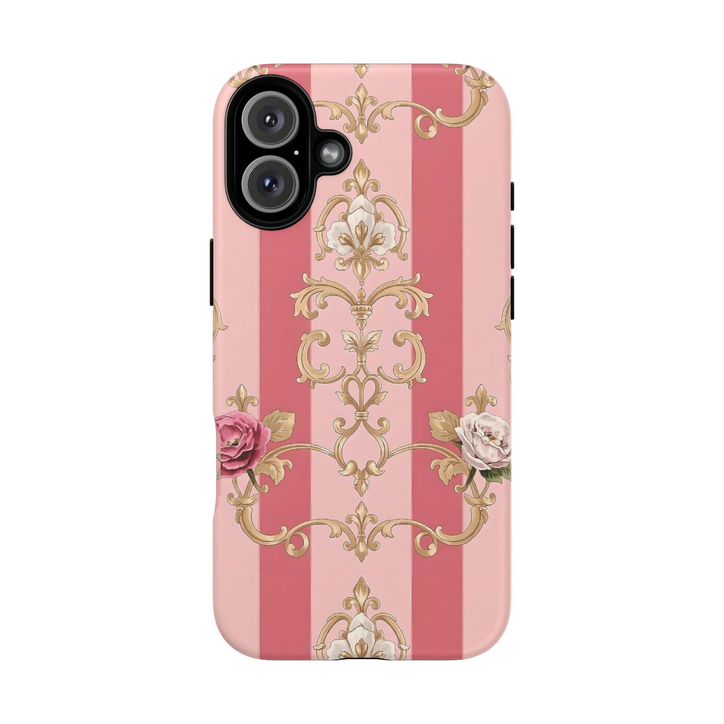 Elegant Floral Motif Phone Case - Tough Cases with Vintage Design - Pink Striped Roses & Damask