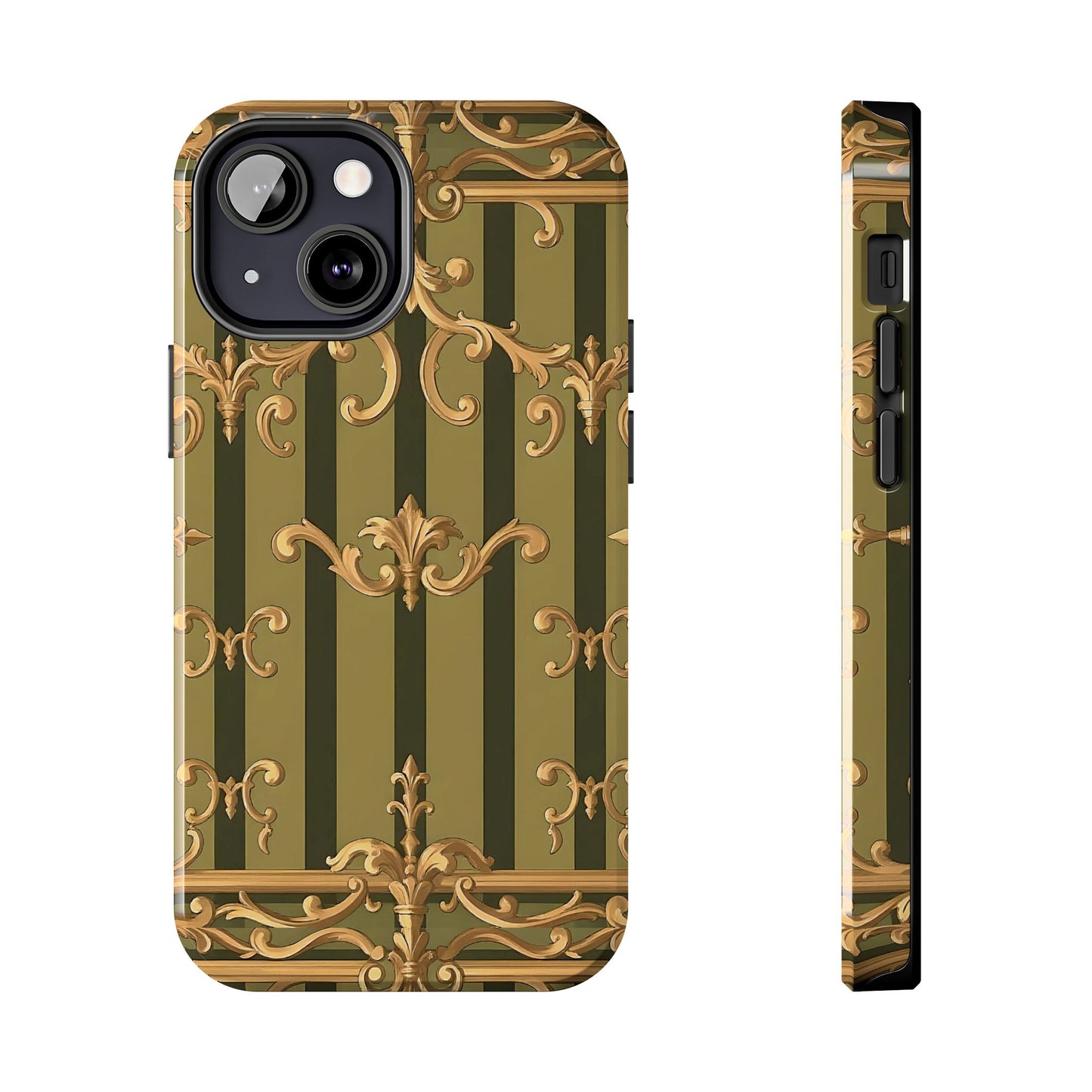 Elegant Vintage Phone Case - Tough Protection with Classy Design, Stylish Phone Cover for Fashion Lovers - Olive Green Striped Rococo