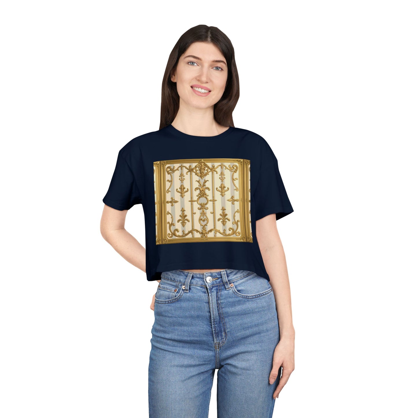 Elegant Vintage Women's Crop Tee, Stylish Oversized Top, Casual Summer Shirt, Trendy Women's Apparel - Matte Gray & Cream Striped Gold Baroque