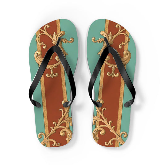 Elegant Vintage Flip Flops with Ornate Design - Perfect for Summer & Beach Getaways - Rust & Mint Aqua Striped Baroque