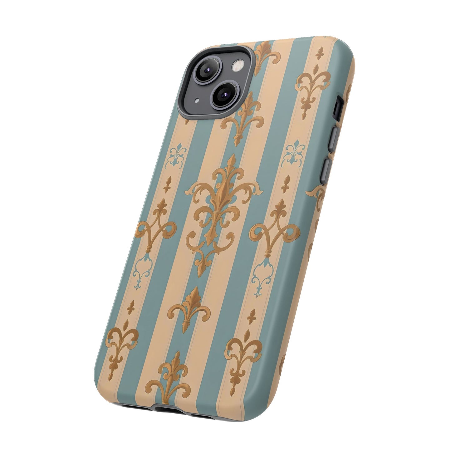 Elegant Floral Motif Phone Case - Tough Cases with Vintage Design -  Beige & Sky Blue Striped Gold Damask