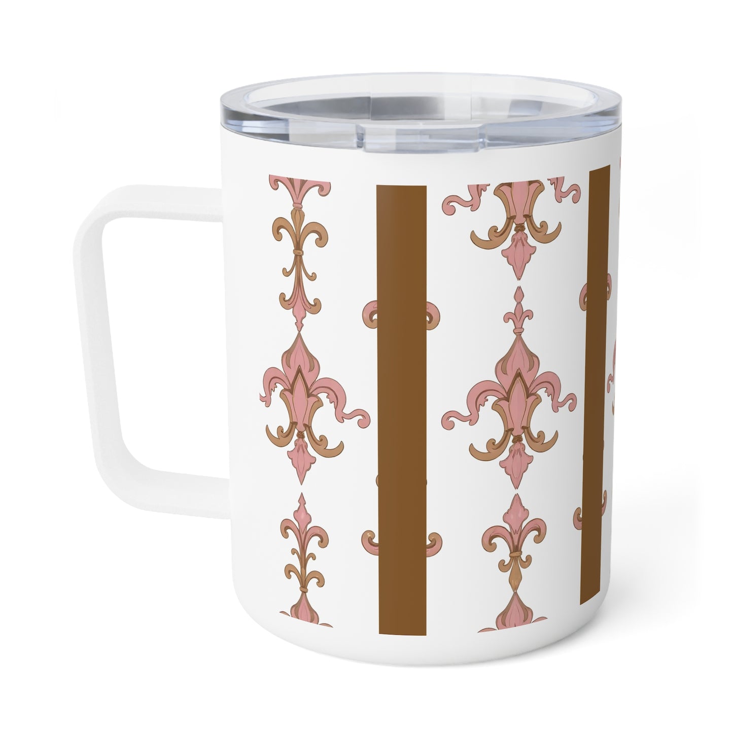 Elegant Floral Insulated Coffee Mug | Stylish Travel Cup, Morning Brew, Gift for Her, Unique Decor, Coffee Lover's Delight - Brown Striped Pink Arabesque