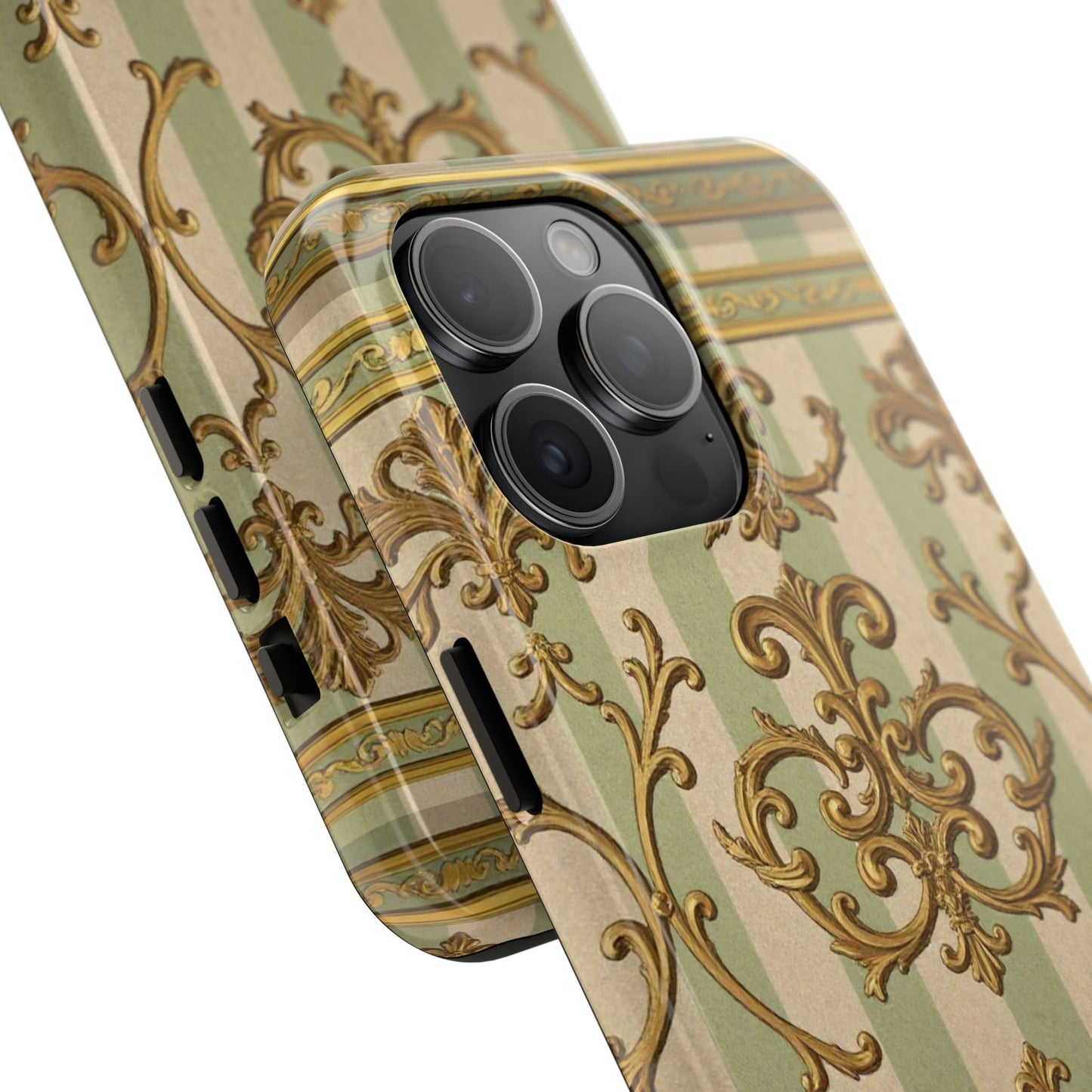Vintage Elegance Phone Case, Tough Phone Cases for Style, Gift for Birthdays, Stylish Protection - Mint Green & Beige Striped Gold Baroque
