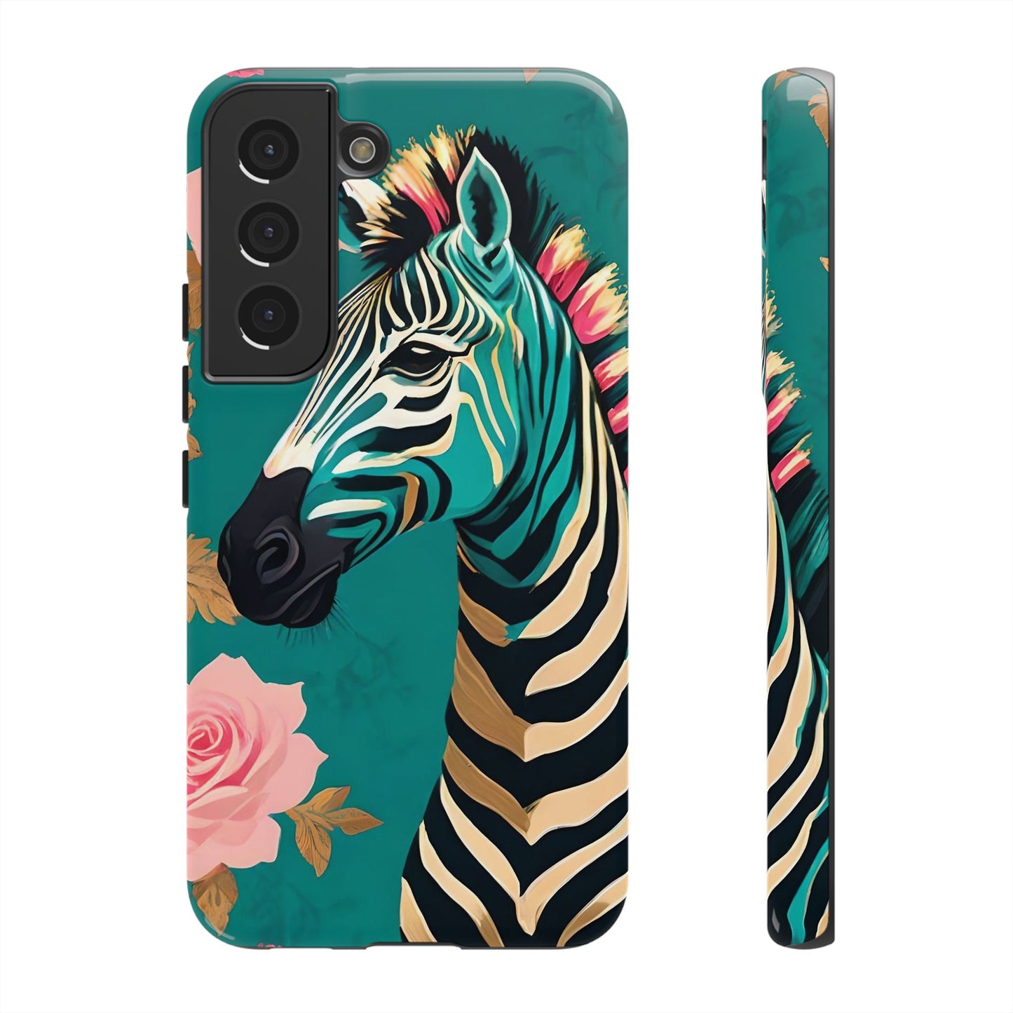 Phone Case - Elegant Teal & Gold Zebra & Roses Design