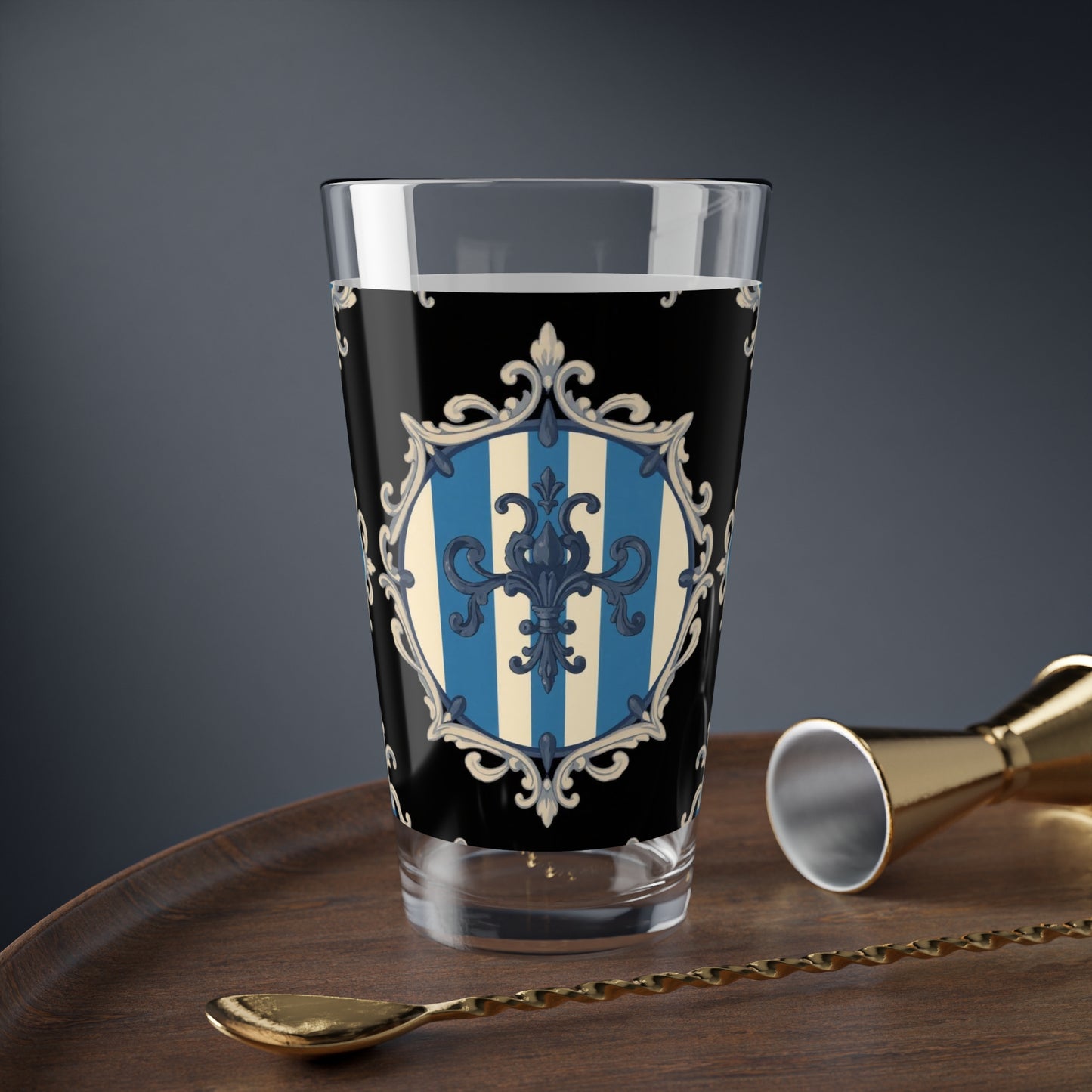 Elegant Blue & Alabaster Striped Baroque Mixing Glass, 16oz | Vintage Barware, Cocktail Lover Gift, Unique Drinkware, Celebration Essential