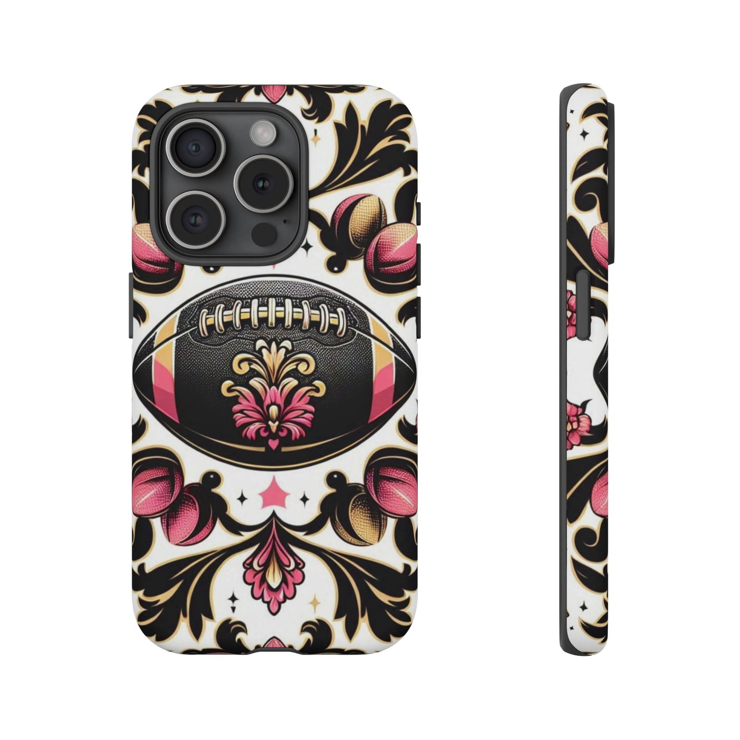 Elegant Floral Motif Phone Case - Tough Cases with Vintage Design - Damask White, Pink Gold & Black Football