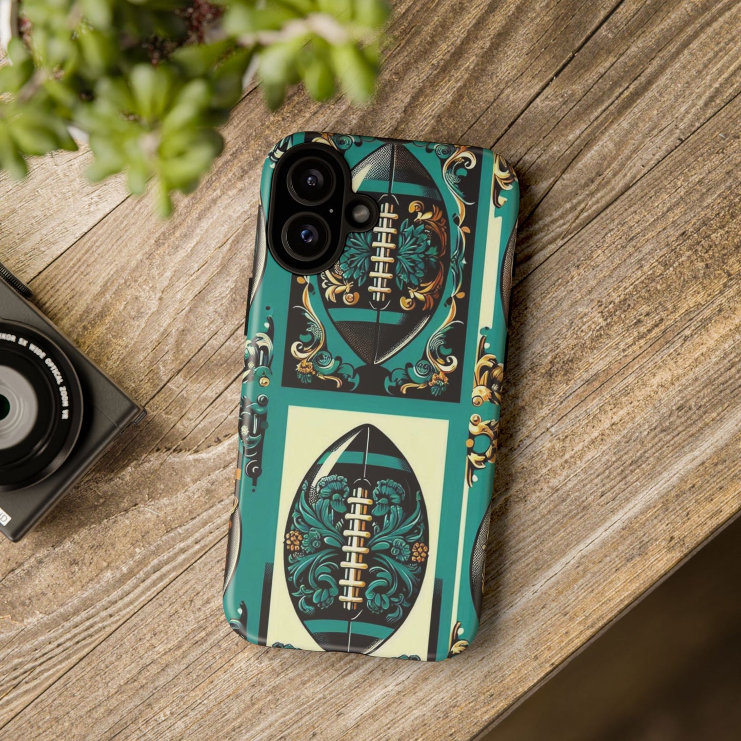Elegant Floral Motif Phone Case - Tough Cases with Vintage Design -  Damask Teal, Gold & Black Footballs