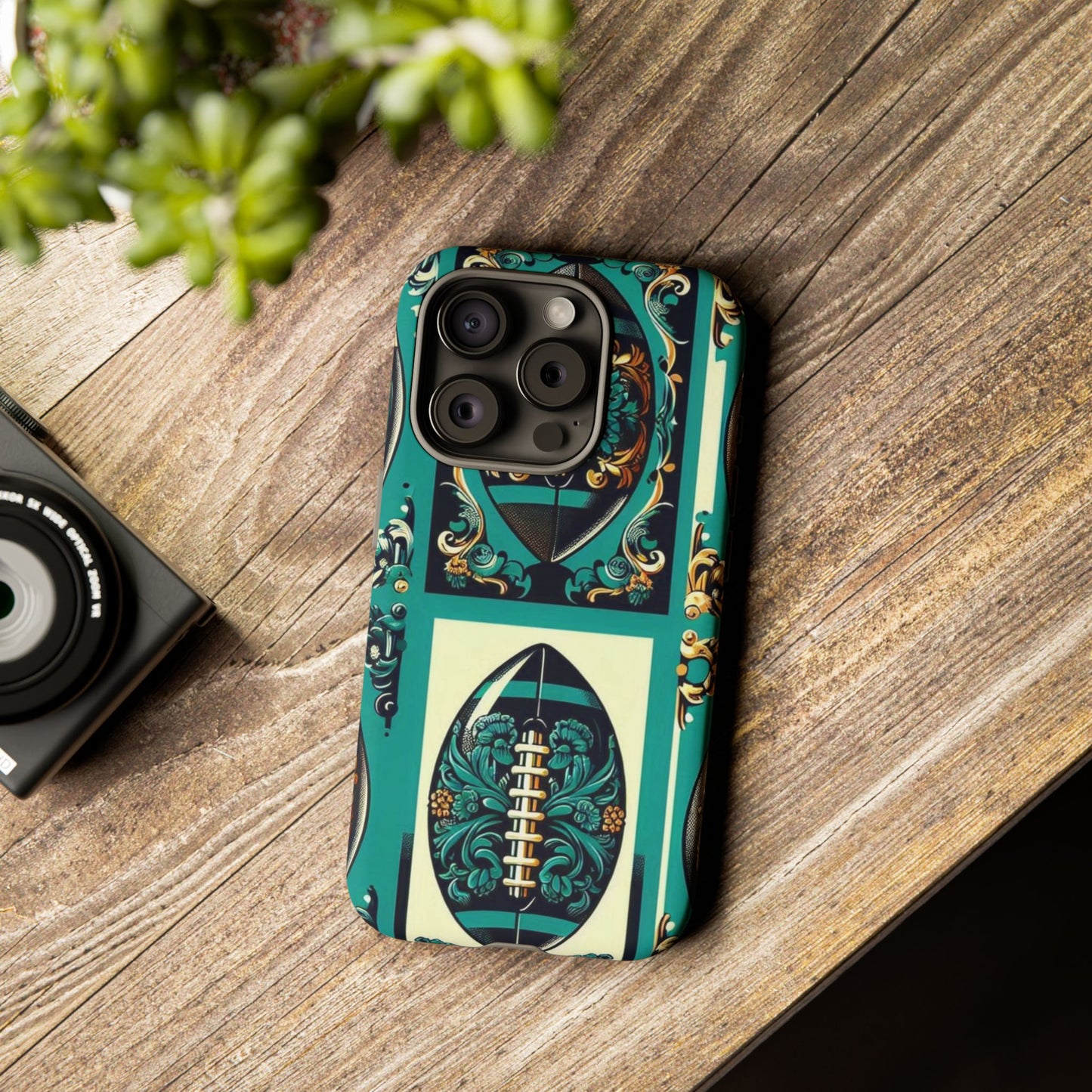 Elegant Floral Motif Phone Case - Tough Cases with Vintage Design -  Damask Teal, Gold & Black Footballs