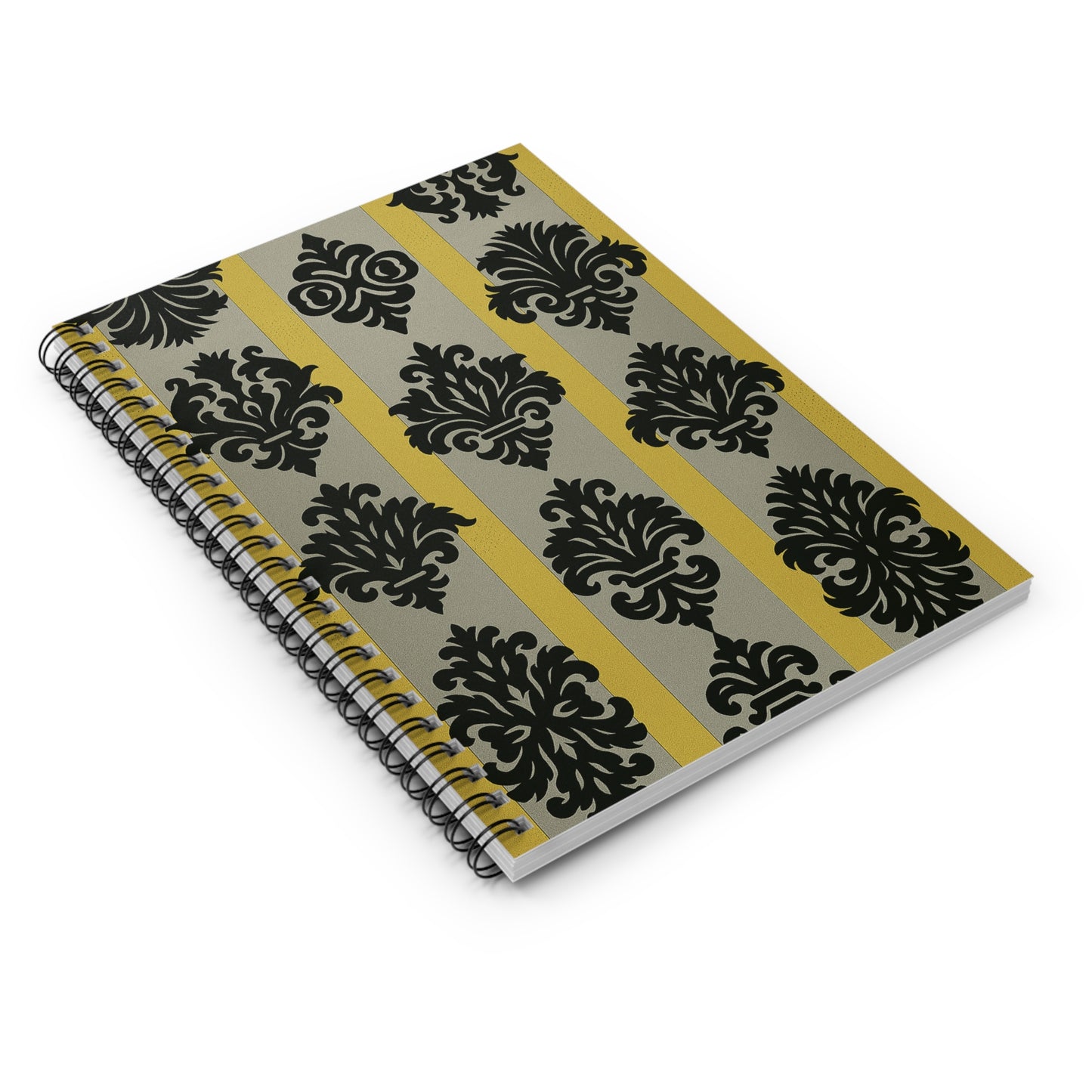 Elegant Baroque Spiral Notebook, Stylish Journal, Gift for Writers, School Supplies, Note Taking - Silver & Gold Striped Black Baroque