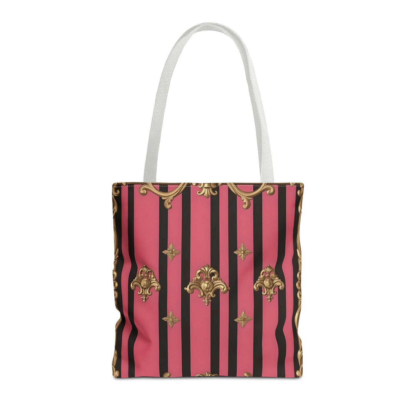 Chic Floral Tote Bag - Elegant Reusable Shopping Bag, Fashion Accessory, Gift for Her, Everyday Use, Eco-Friendly - Pink Striped Gold Rococo