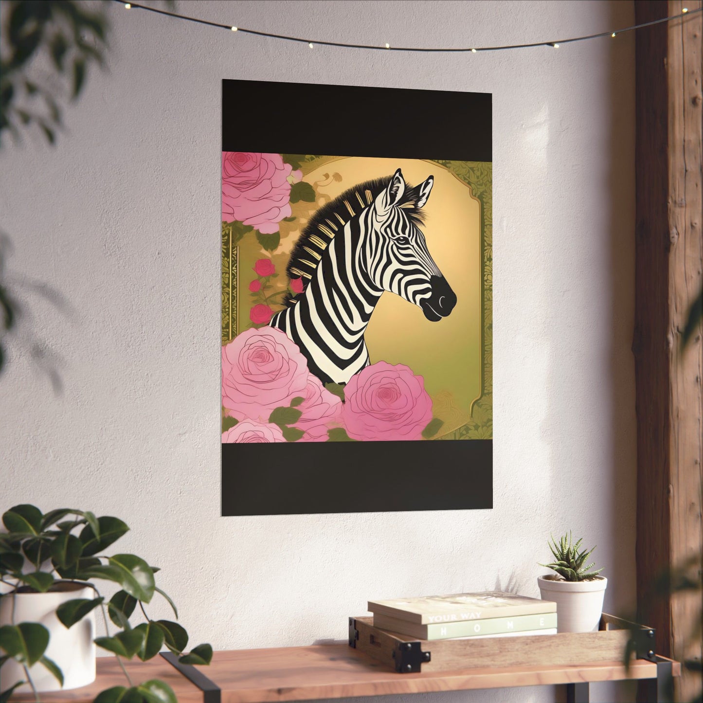 Floral Art Poster - Elegant Matte Vertical Wall Decor - Zebra With Roses In Pink & Olive