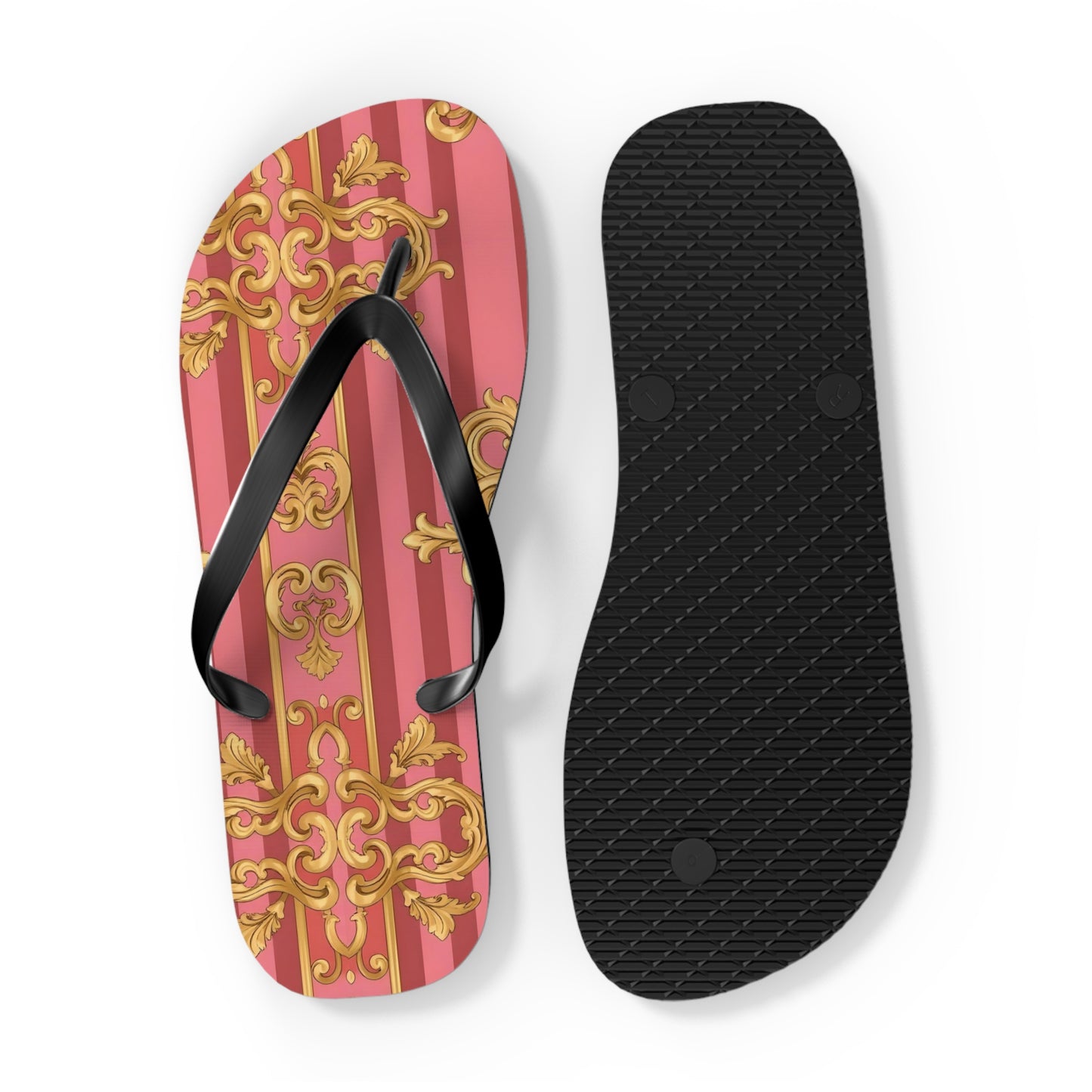 Elegant Floral Flip Flops, Summer Sandals, Beach Accessories, Vacation Footwear, Stylish Slip-Ons - Pink Striped Gold Baroque
