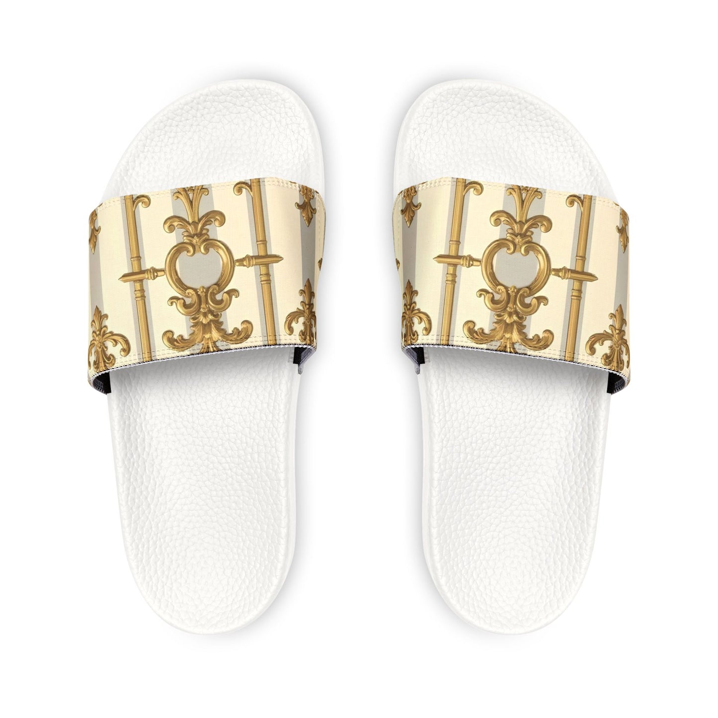 Chic Women's Removable-Strap Sandals, Stylish Summer Footwear, Perfect for Beach Days - Matte Gray & Cream Striped Gold Baroque