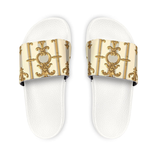 Chic Women's Removable-Strap Sandals, Stylish Summer Footwear, Perfect for Beach Days - Matte Gray & Cream Striped Gold Baroque