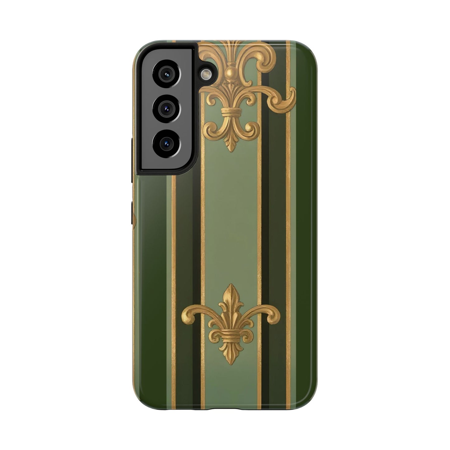 Elegant Tough Phone Cases - Baroque Design, Durable Cell Phone Covers, Unique Gifts for Her, Holiday Gifts - Green Striped Gold Baroque