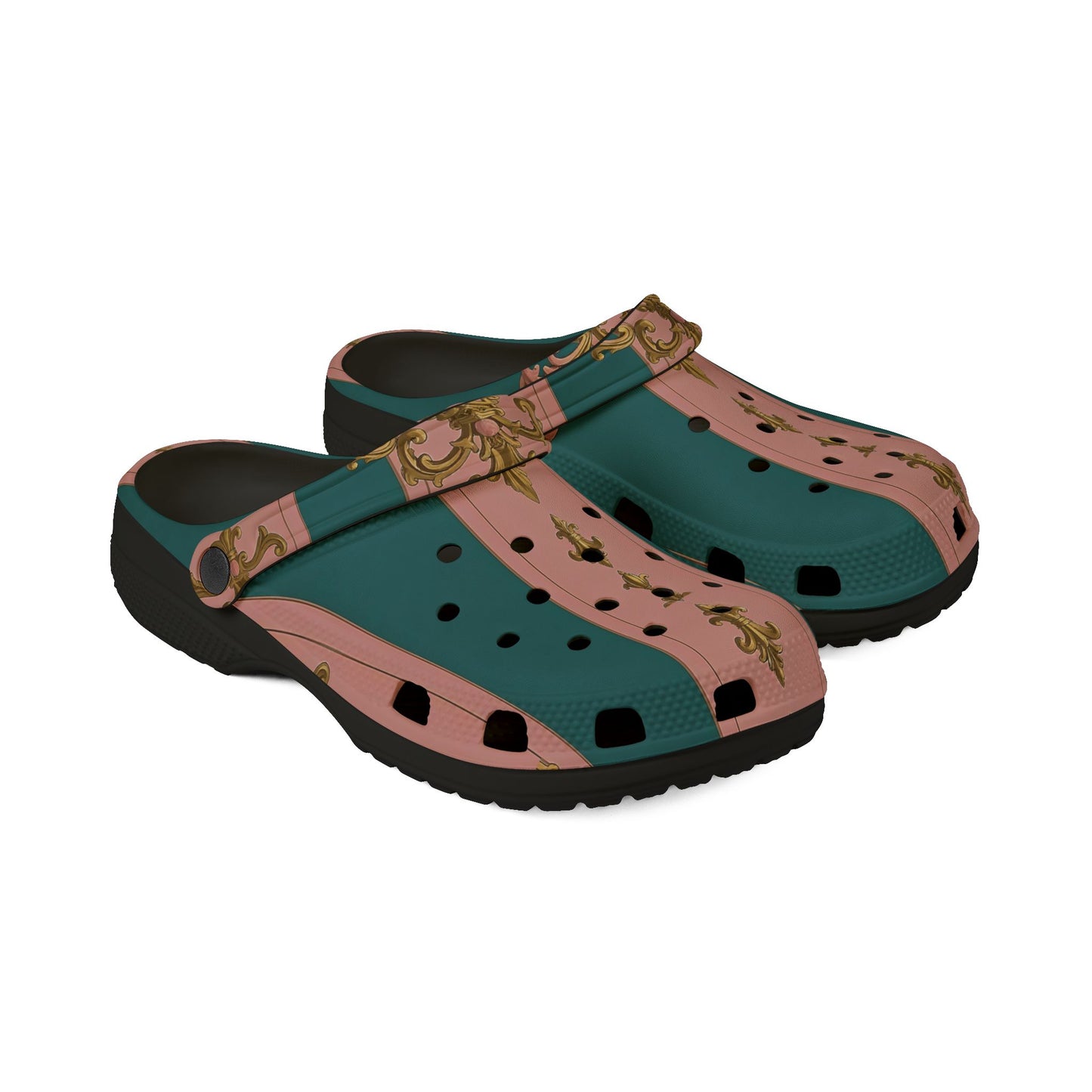Stylish EVA Foam Rubber Shoes with Elegant Floral Design, Comfortable Clogs for Everyday Wear - Pink & Teal Striped Gold Baroque