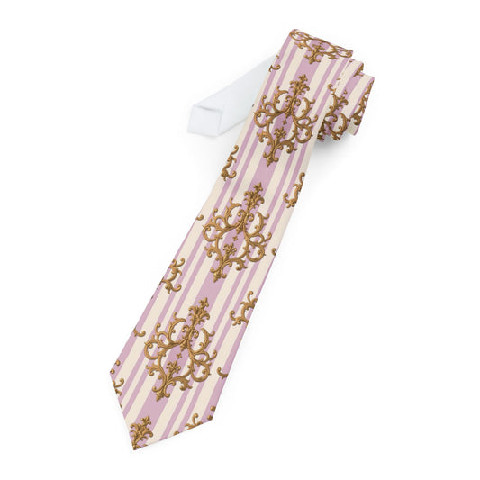Elegant Decorative Necktie for Formal Occasions, Wedding Accessory, Vintage Floral Tie, Gift for Him - Lilac & Alabaster Striped Gold Baroque