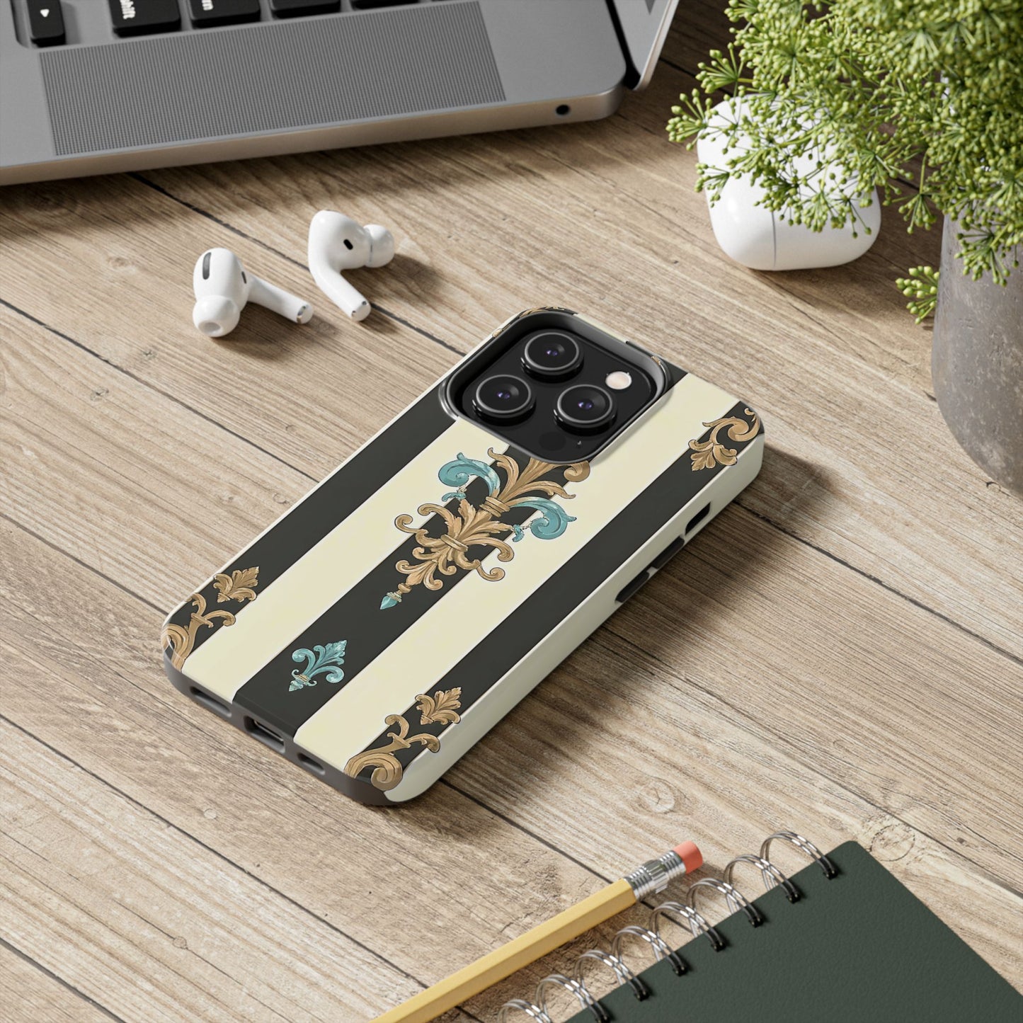 Elegant Vintage Tough Phone Cases, Stylish Phone Accessories, Quality Protection, Gifts for Her - Black Striped Turquoise & Black Rococo