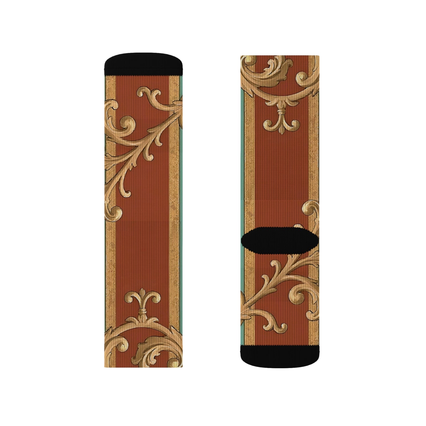 Elegant Sublimation Socks | Stylish Accessories, Gift for Him or Her, Cozy Winter Footwear - Rust & Mint Aqua Striped Baroque
