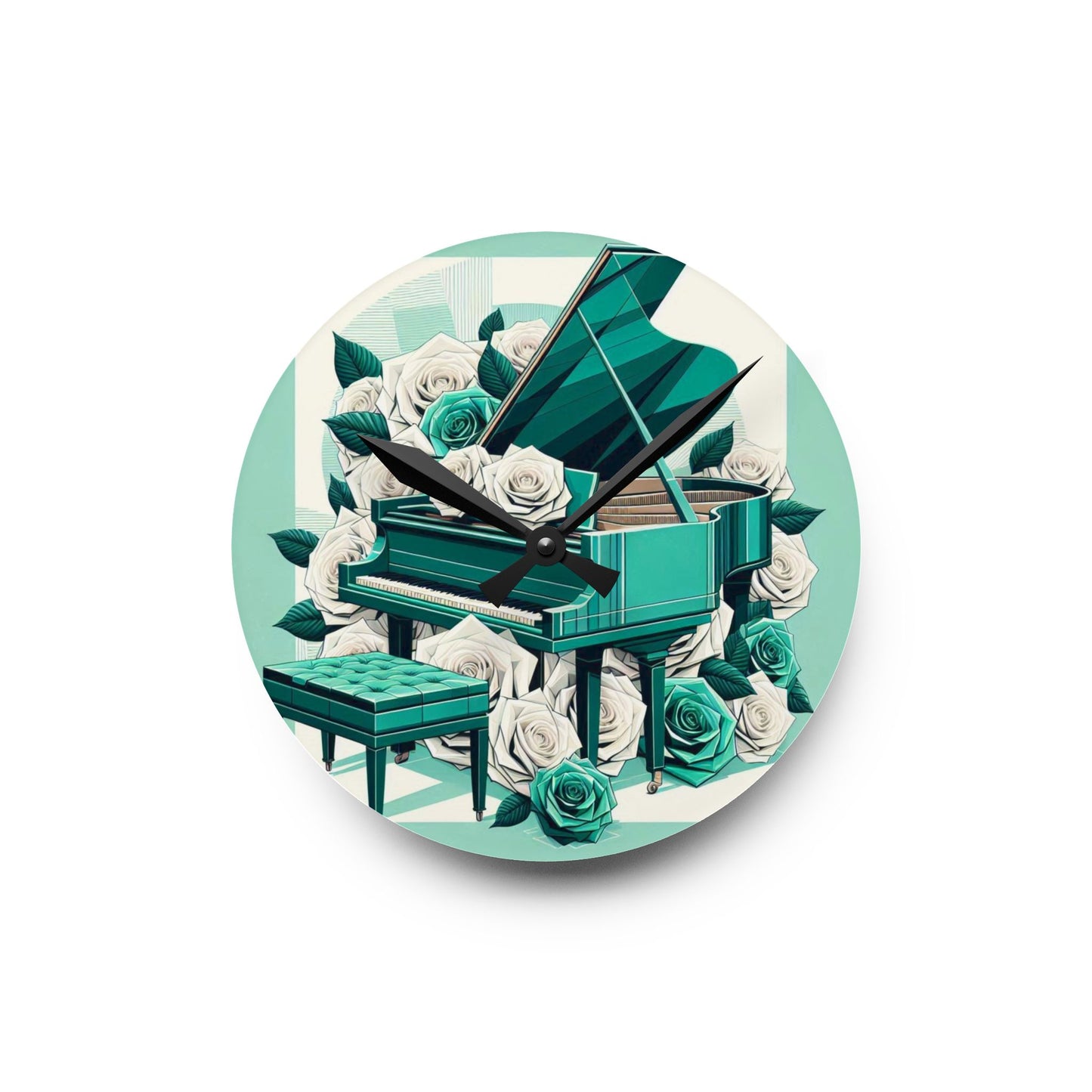 Elegant Aqua Piano and Roses Acrylic Wall Clock - Perfect Gift for Music Lovers