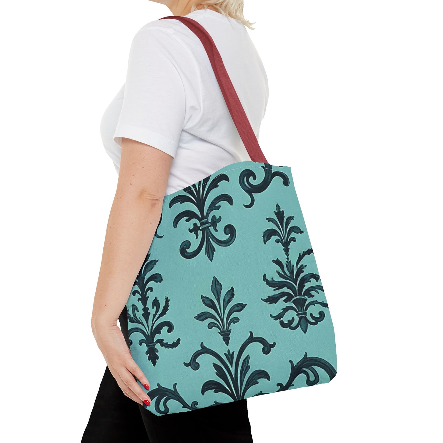 Chic Floral Tote Bag – Stylish Canvas Shopper, Gift for Her, Birthday Present, Everyday Use, Eco-Friendly, Floral Print - Teal Striped Rococo
