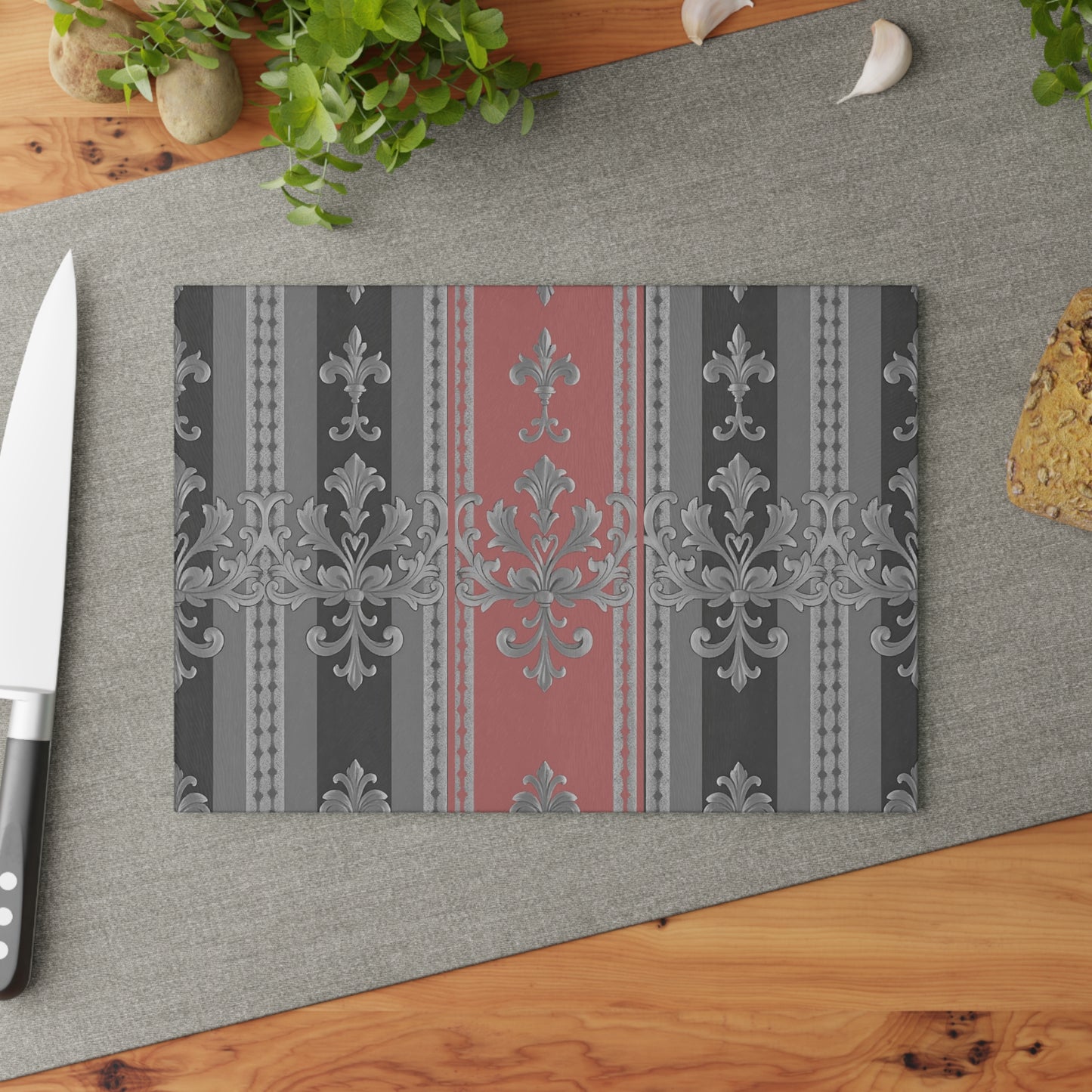 Glass Cutting Board - Gray & Mauve Striped Baroque