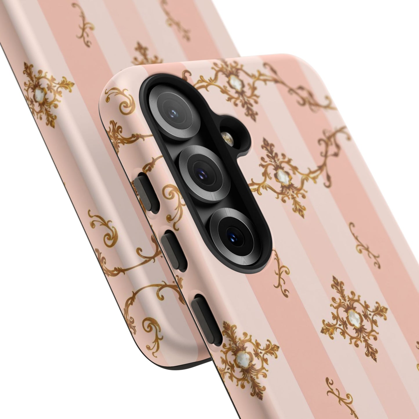 Elegant Floral Phone Case, Tough Cases for Women, Trendy Phone Cover, Chic Gift - Pink Jeweled Striped Gold Baroque