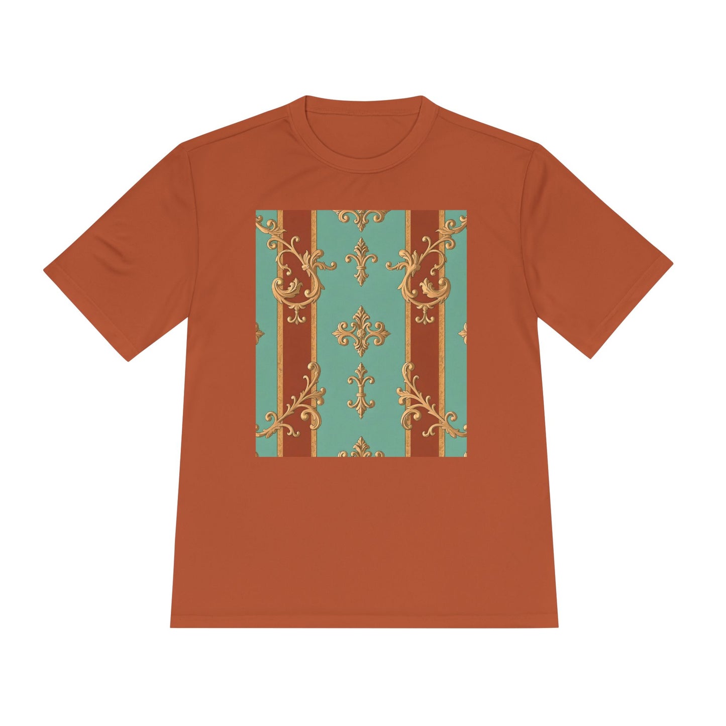 Elegant Patterned Unisex Moisture Wicking Tee - Stylish Activewear for All Occasions - Rust & Mint Aqua Striped Baroque