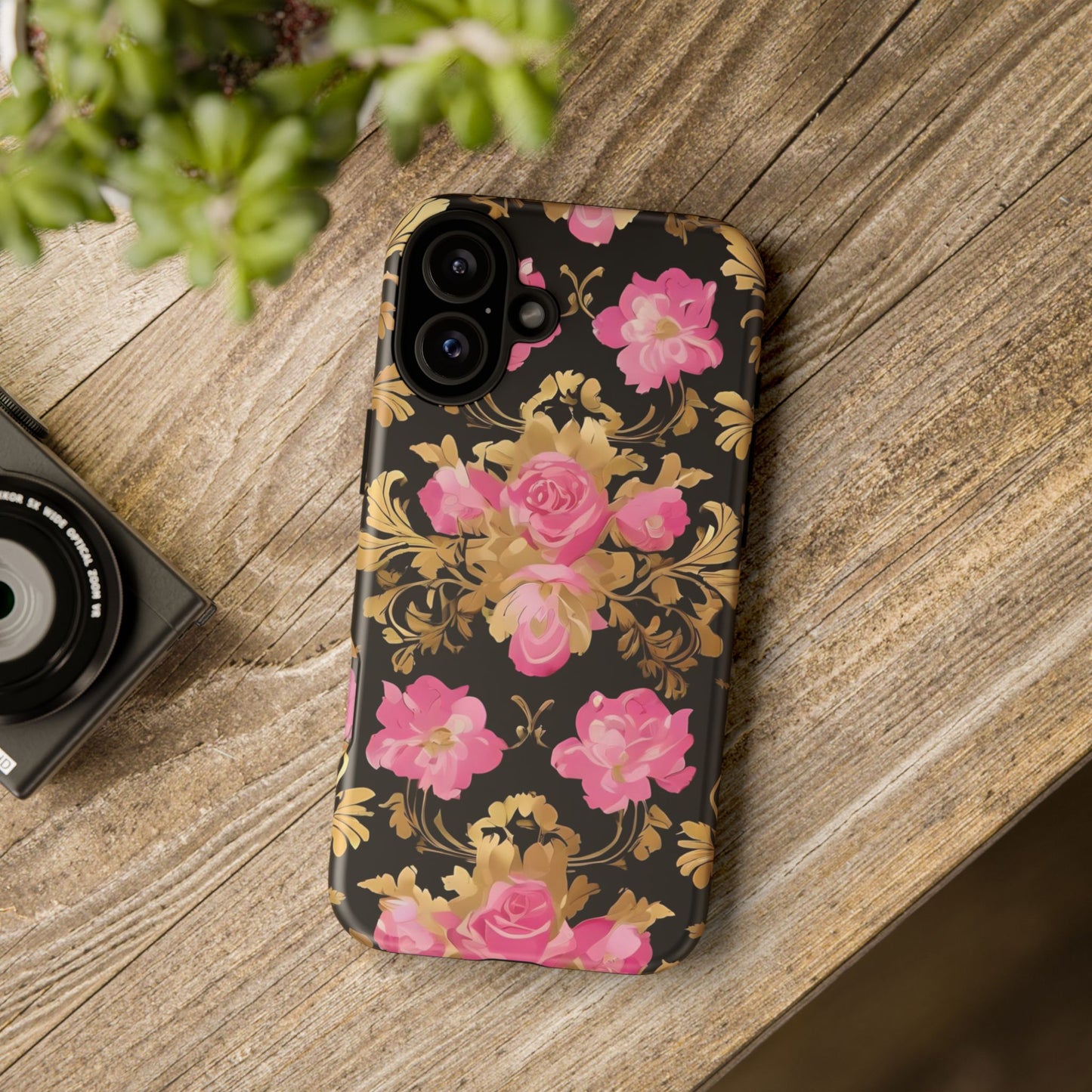 Elegant Floral Motif Phone Case - Tough Cases with Vintage Design - Pink & Gold Roses