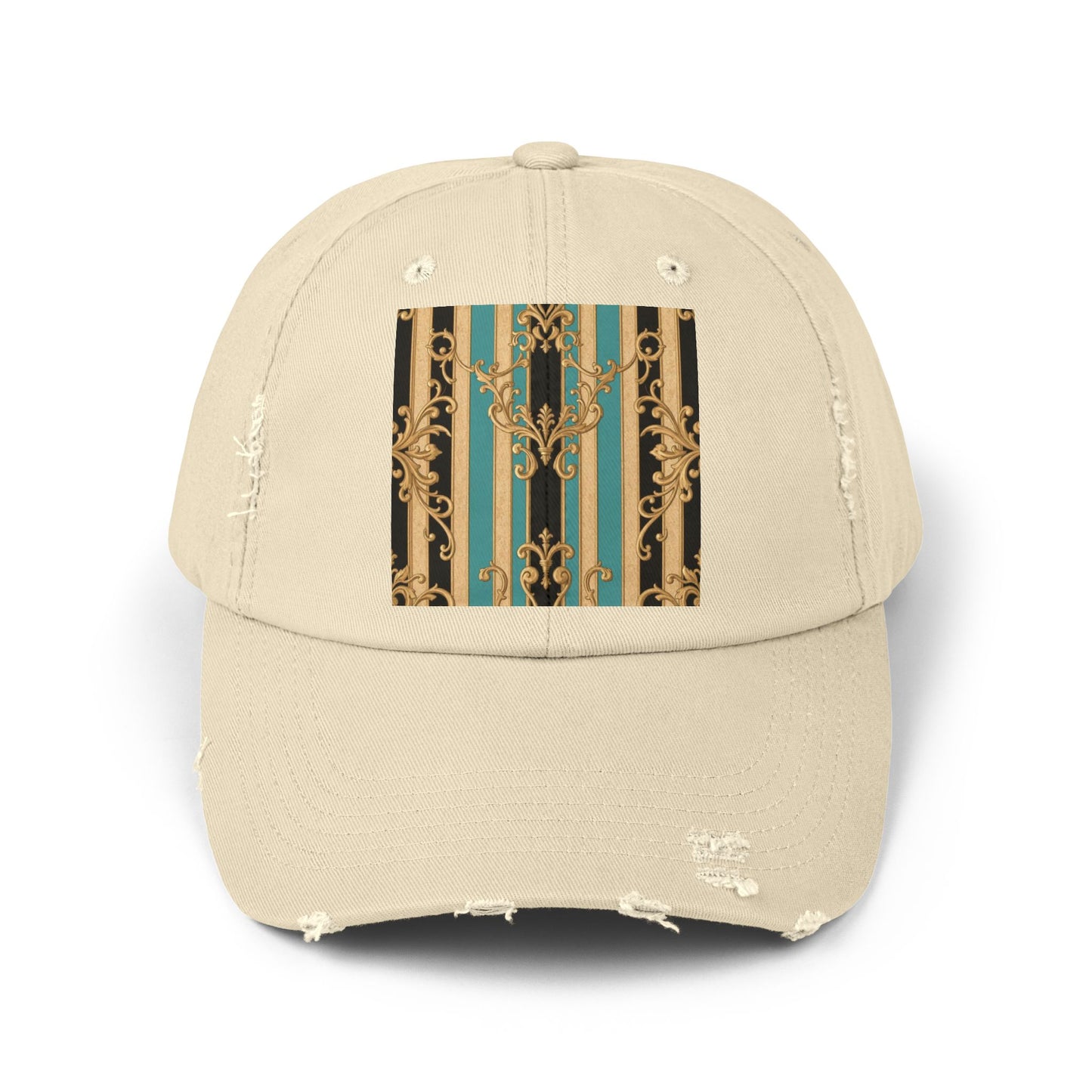 Distressed Black, Tan & Ocean Green Striped Gold Baroque Cap with Elegant Stripe Design | Vintage-Inspired Accessories, Unisex Casual Hat