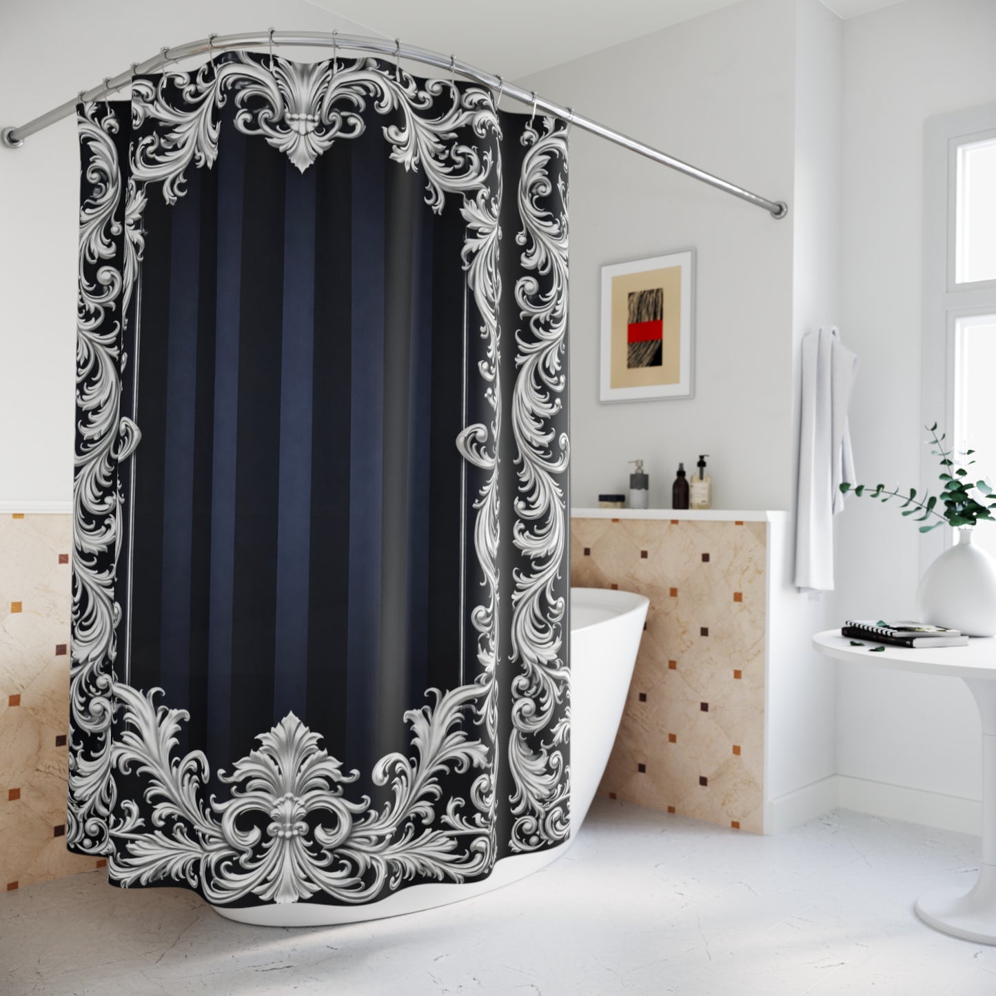 Navy Stripes & Baroque Shower Curtain — Elegant Navy Striped Bath Curtain with Ornate Silver Frame