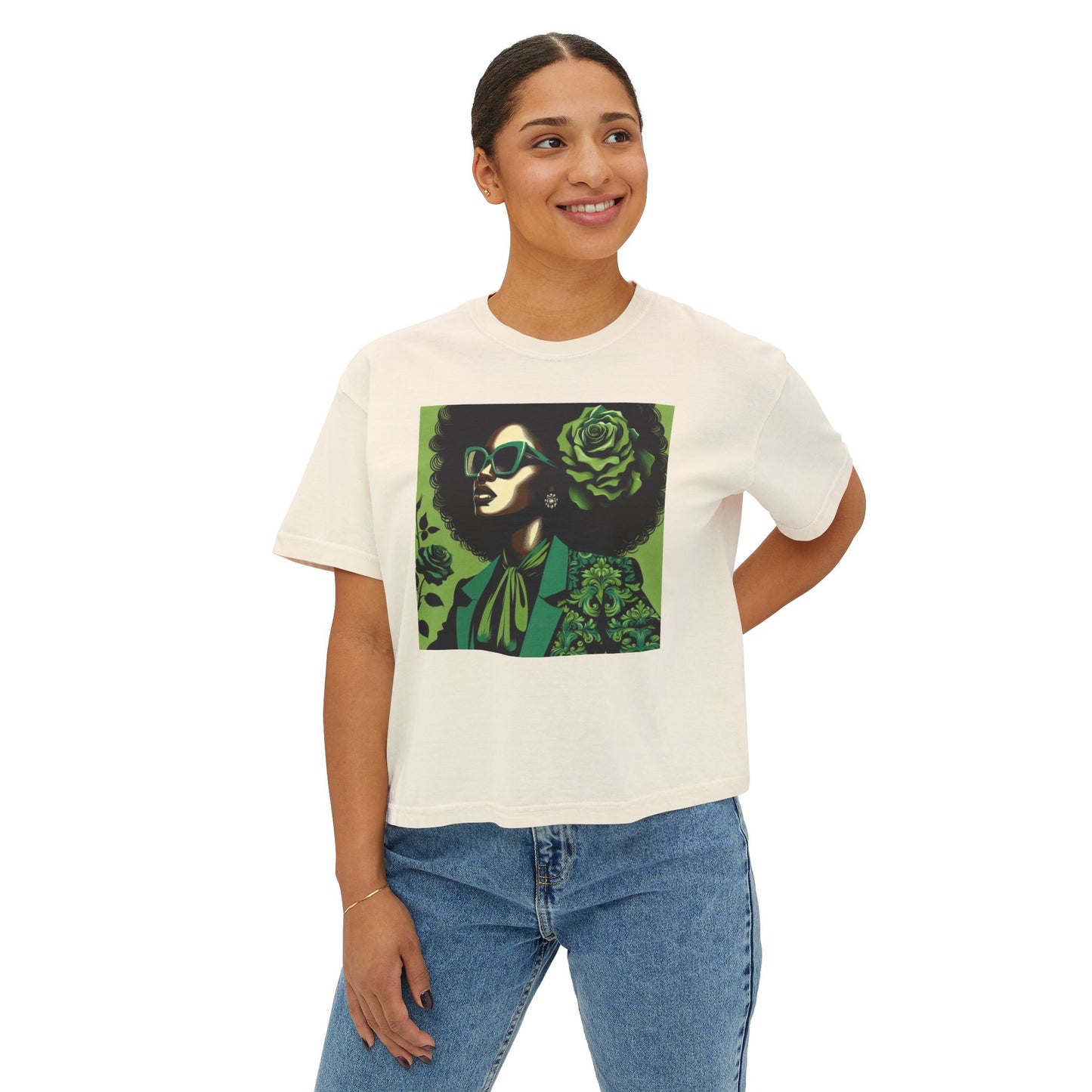 Chic Women's Boxy Tee - Vintage Afro Art, Trendy Casual Look, Gift for Her, Summer Style, Eco-Friendly Fashion - Lady in Green Damask