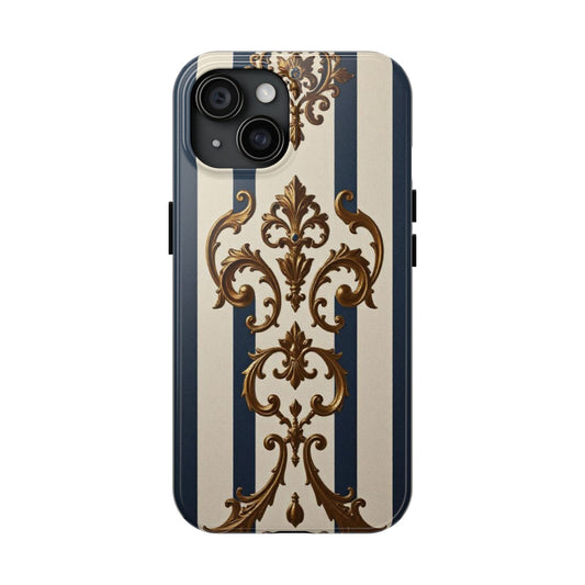 Damask Tough Phone Case - Alabaster & Blue Striped Damask