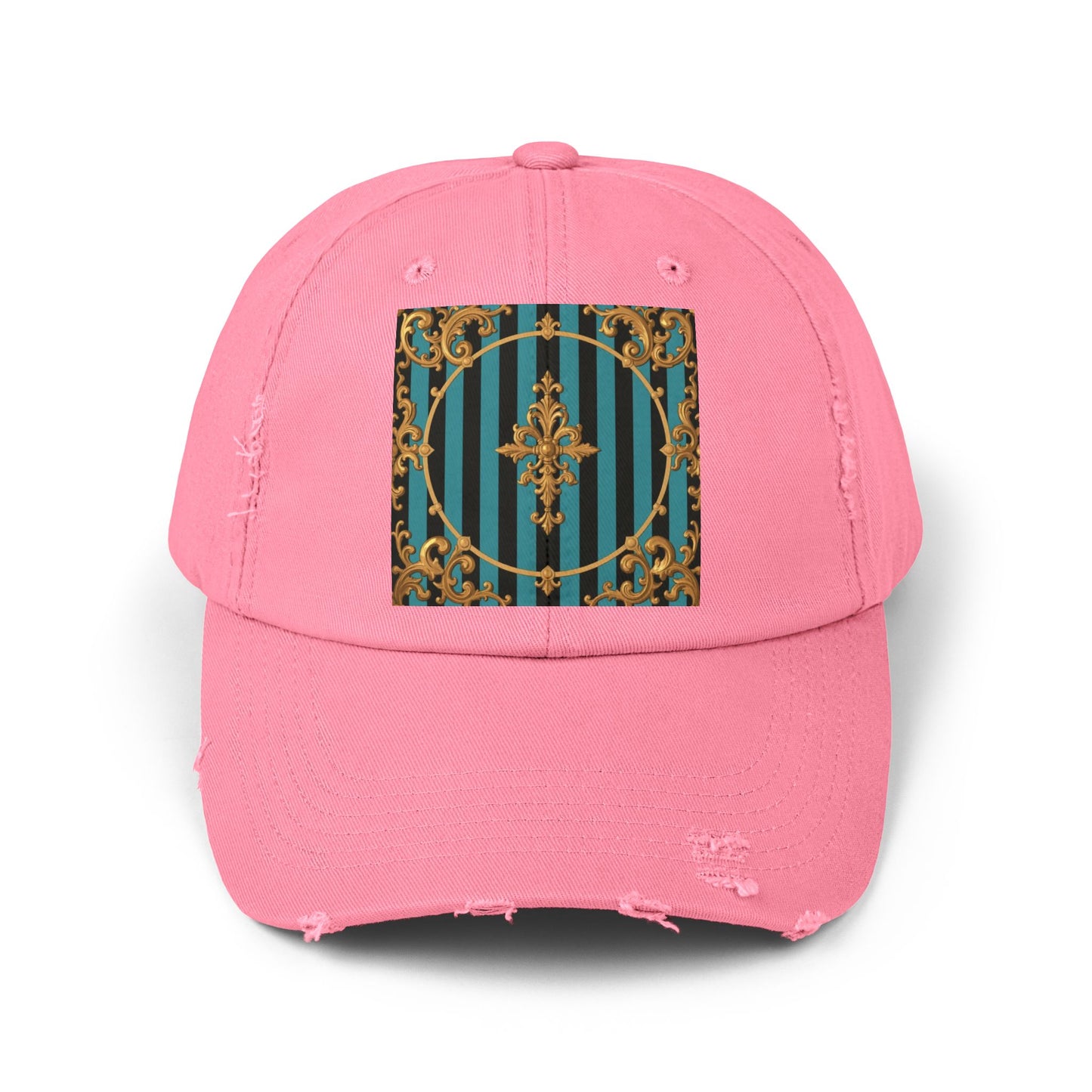 Turquoise & Black Striped Gold Baroque Distressed Cap with Elegant Design, Fashion Accessory for Everyday Wear, Perfect for Festivals, Gifts