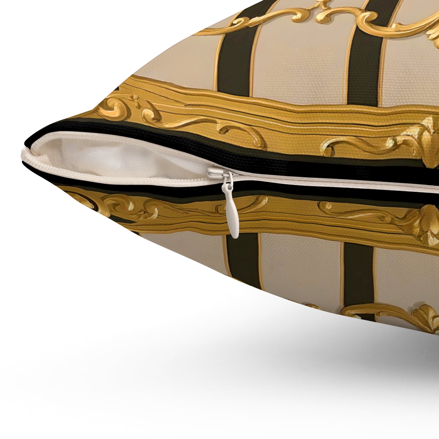 Elegant Neoclassical Square Pillow | Gold Accents, Home Decor, Gift for Him/Her, Luxury Cushion, Living Room Accent - Beige Striped Gold Rococo