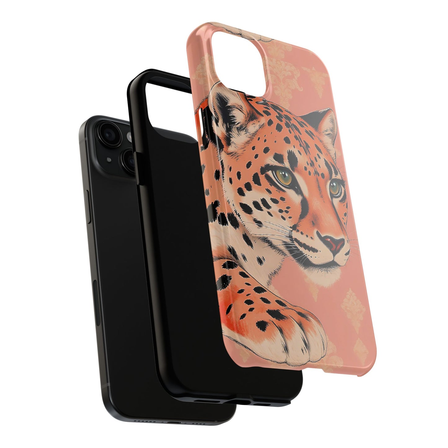 Leopard Tough Phone Case - Trendy Floral Motif Design for Animal Lovers - Peach Leopard & Damask