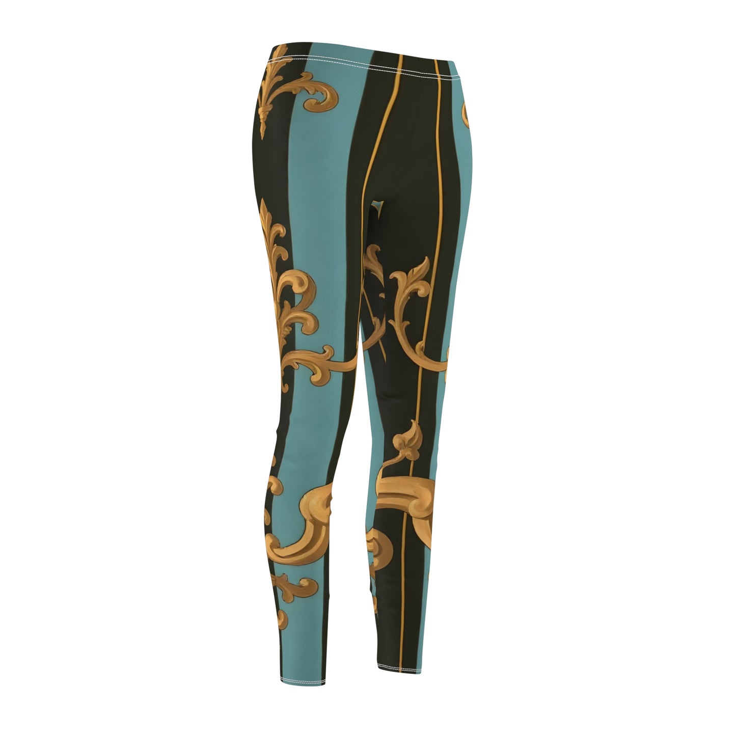 Chic Bohemian Print Leggings for Women, Casual Workout Leggings, Fashionable Yoga Pants - Black & Turquoise Striped Baroque