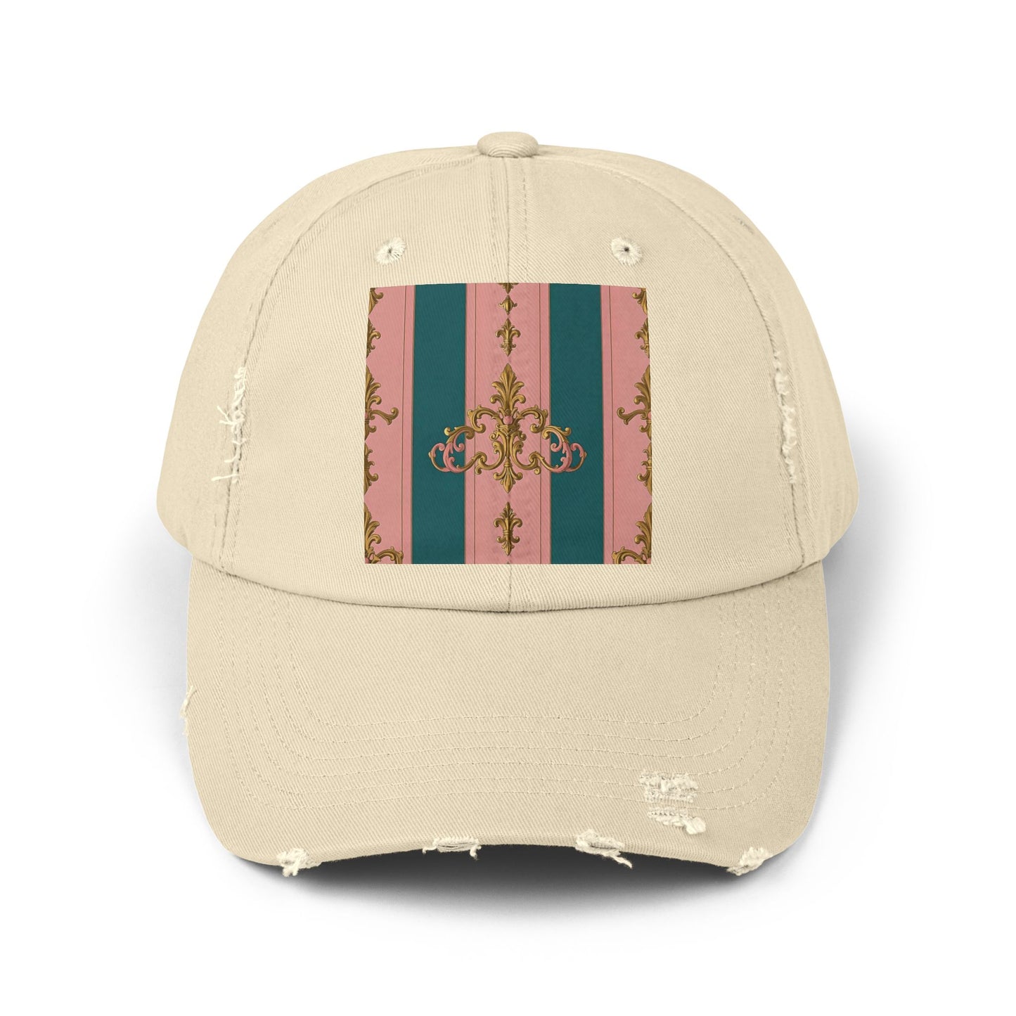 Chic Vintage Distressed Cap, Trendy Unisex Baseball Hat, Fashionable Everyday Wear - Pink & Teal Striped Gold Baroque