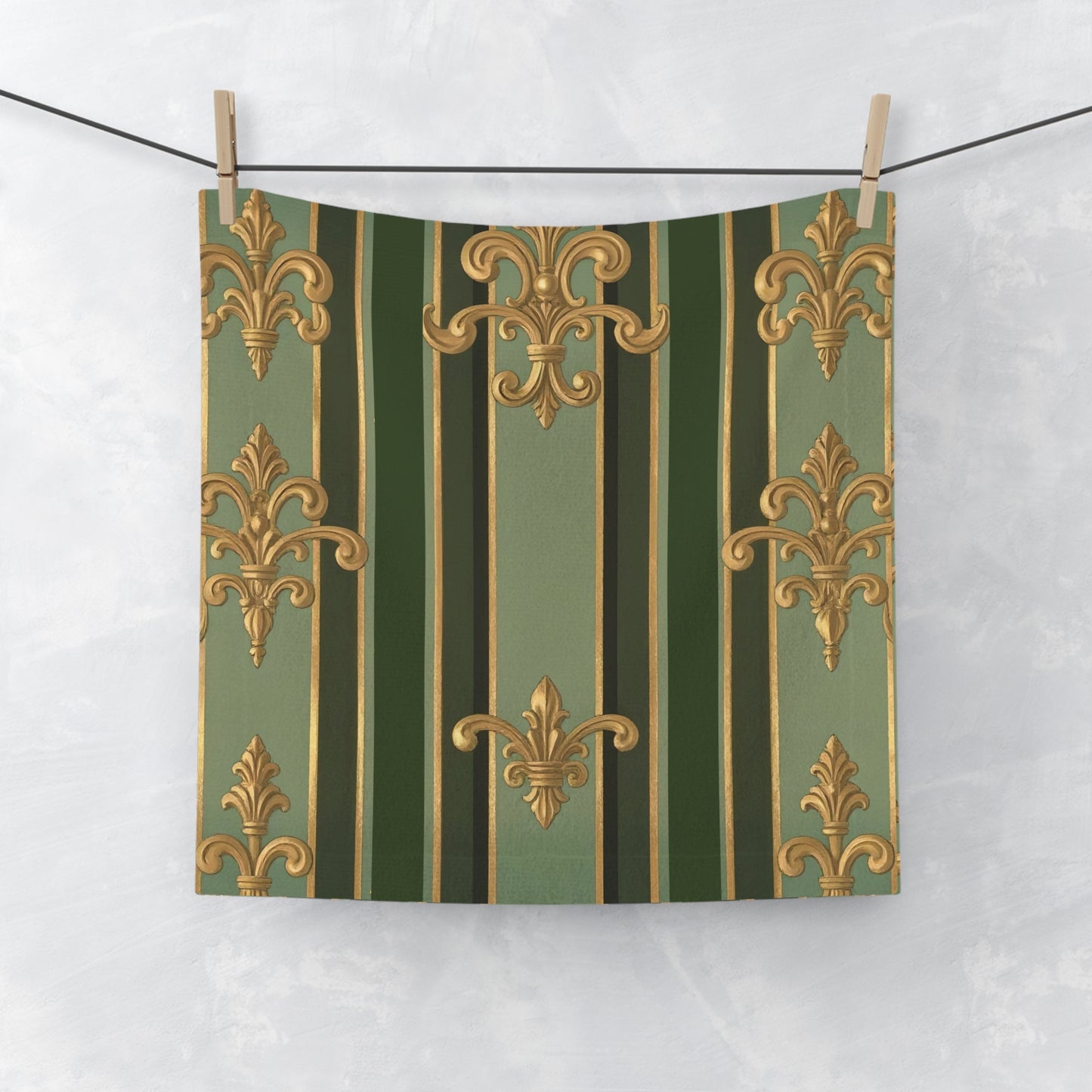 Elegant Baroque Face Towel - Luxurious Bathroom Decor, Spa Gift, Home Aesthetic, Decorative Towel, Wedding Gift - Green Striped Gold Baroque