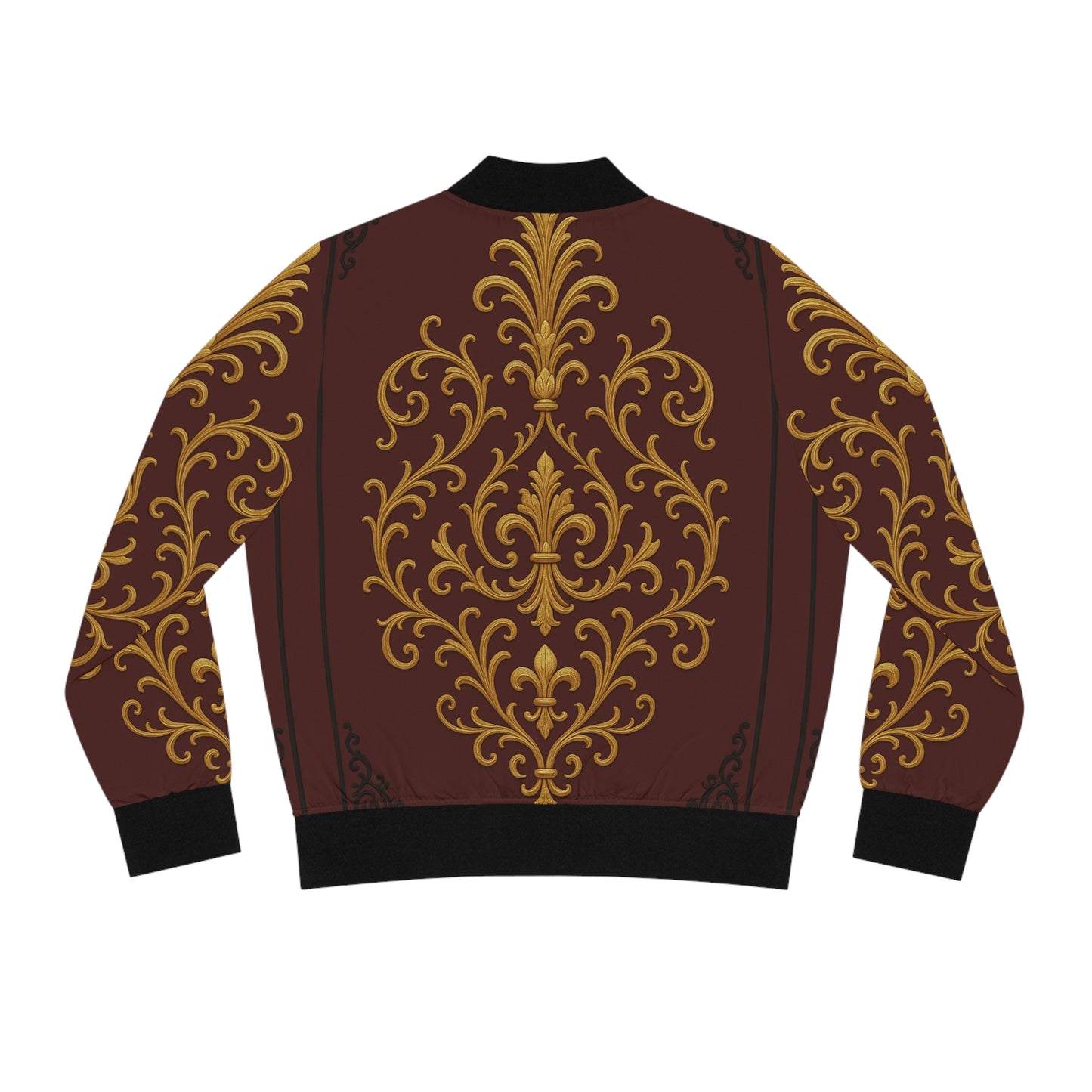 Dusk Burgundy-Black & Gold Baroque Women's Bomber Jacket — Baroque Gold Scroll All-Over Print