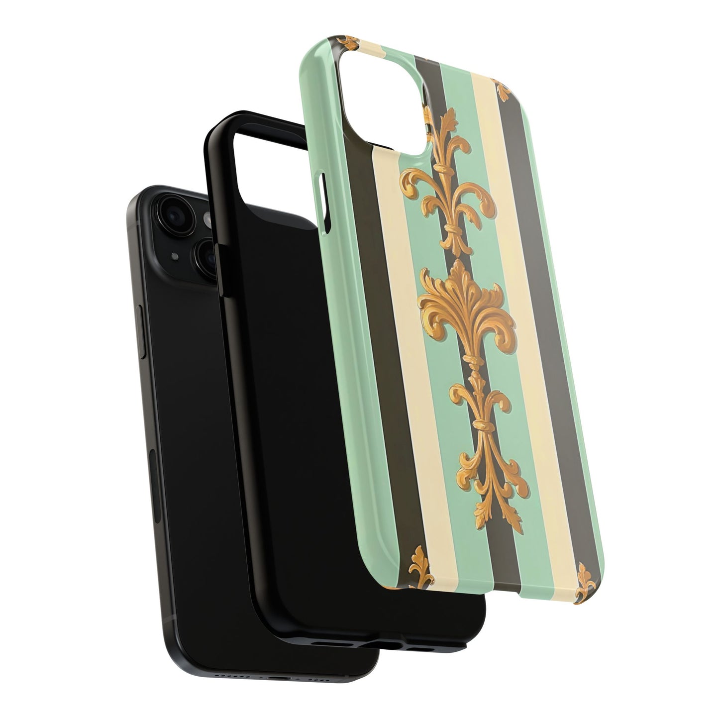 Elegant Floral Tough Phone Cases - Stylish Protection for All Occasions, Gifts for Her, Phone Covers - Black & Matte Mint Striped Rococo