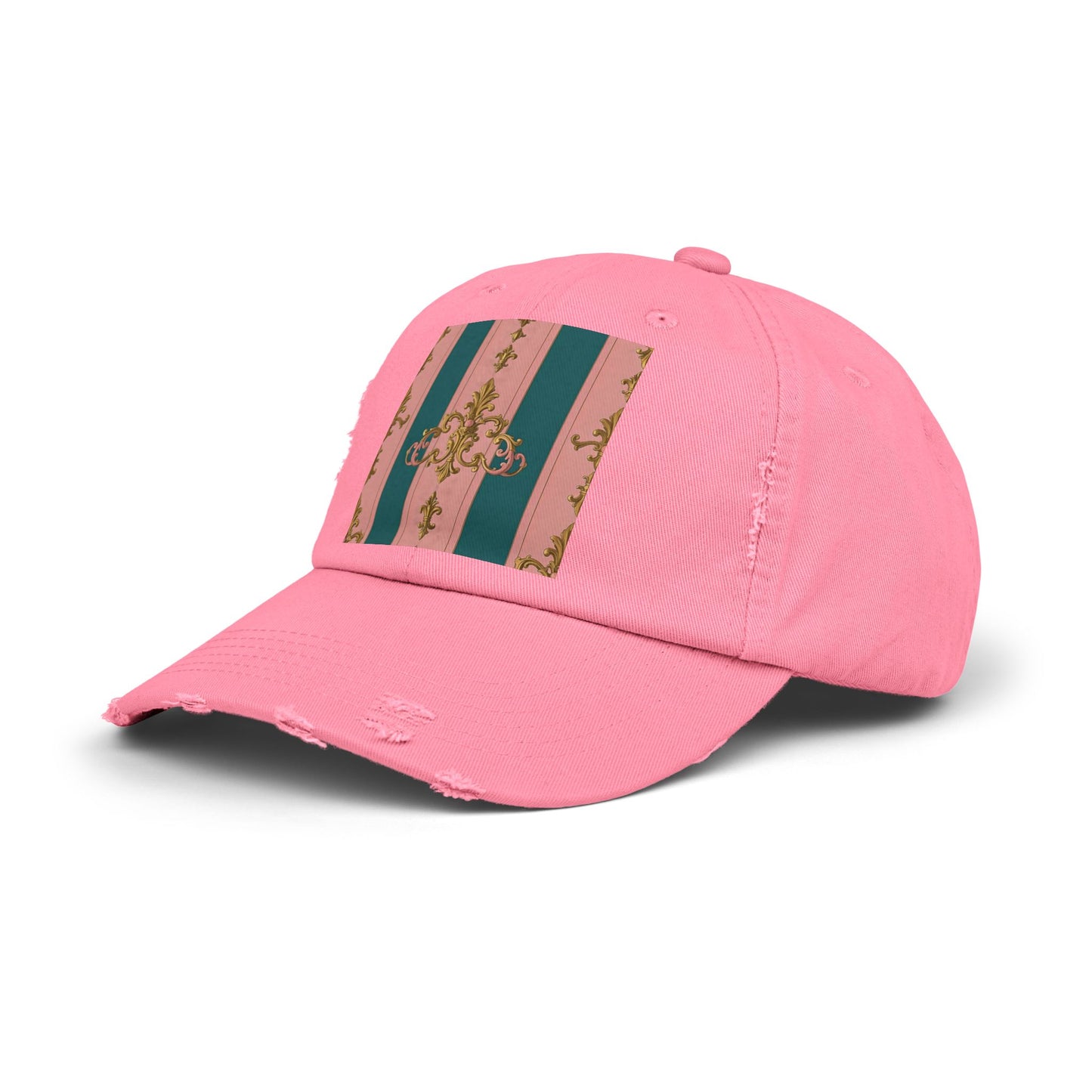 Chic Vintage Distressed Cap, Trendy Unisex Baseball Hat, Fashionable Everyday Wear - Pink & Teal Striped Gold Baroque
