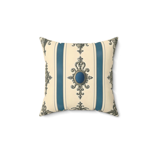 Elegant Faux Suede Square Pillow - Vintage Design for Home Décor - Alabaster & Ocean Blue Baroque