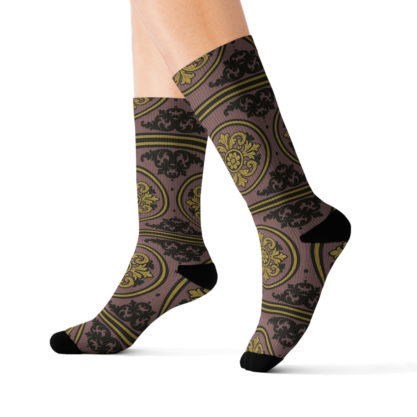 Elegant Gilded Mauve With Gold-Black Baroque Sublimation Socks - Cozy Stylish Footwear, Unique Gift for Her, Trendy Accessories
